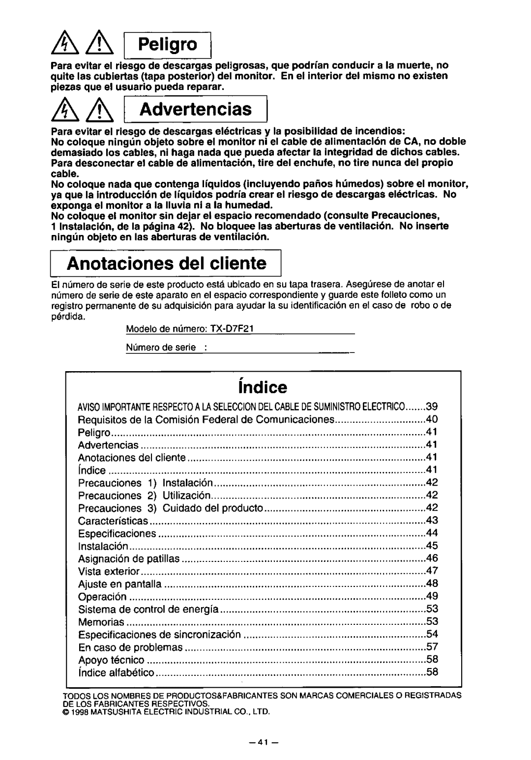 Panasonic TX-D7F21 manual 