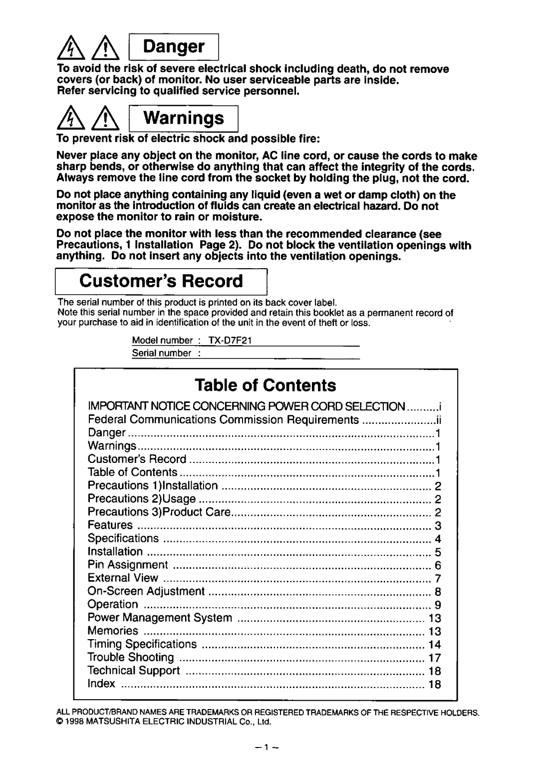 Panasonic TX-D7F21 manual 