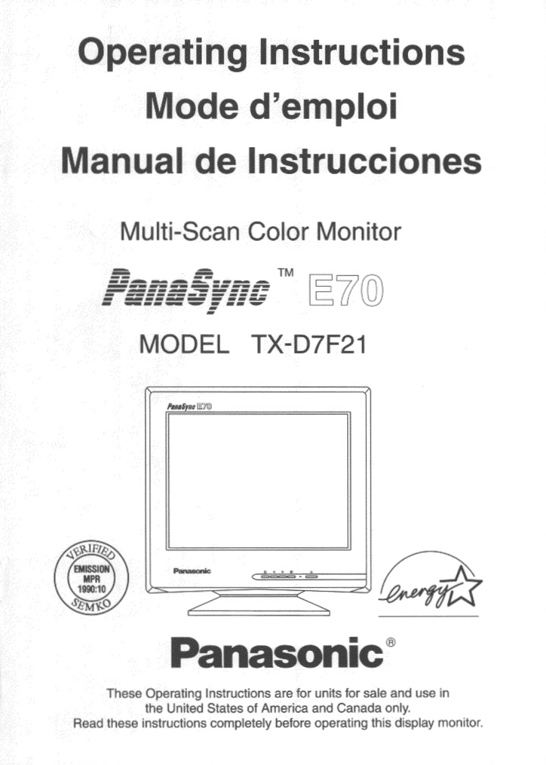 Panasonic TX-D7F21 manual 