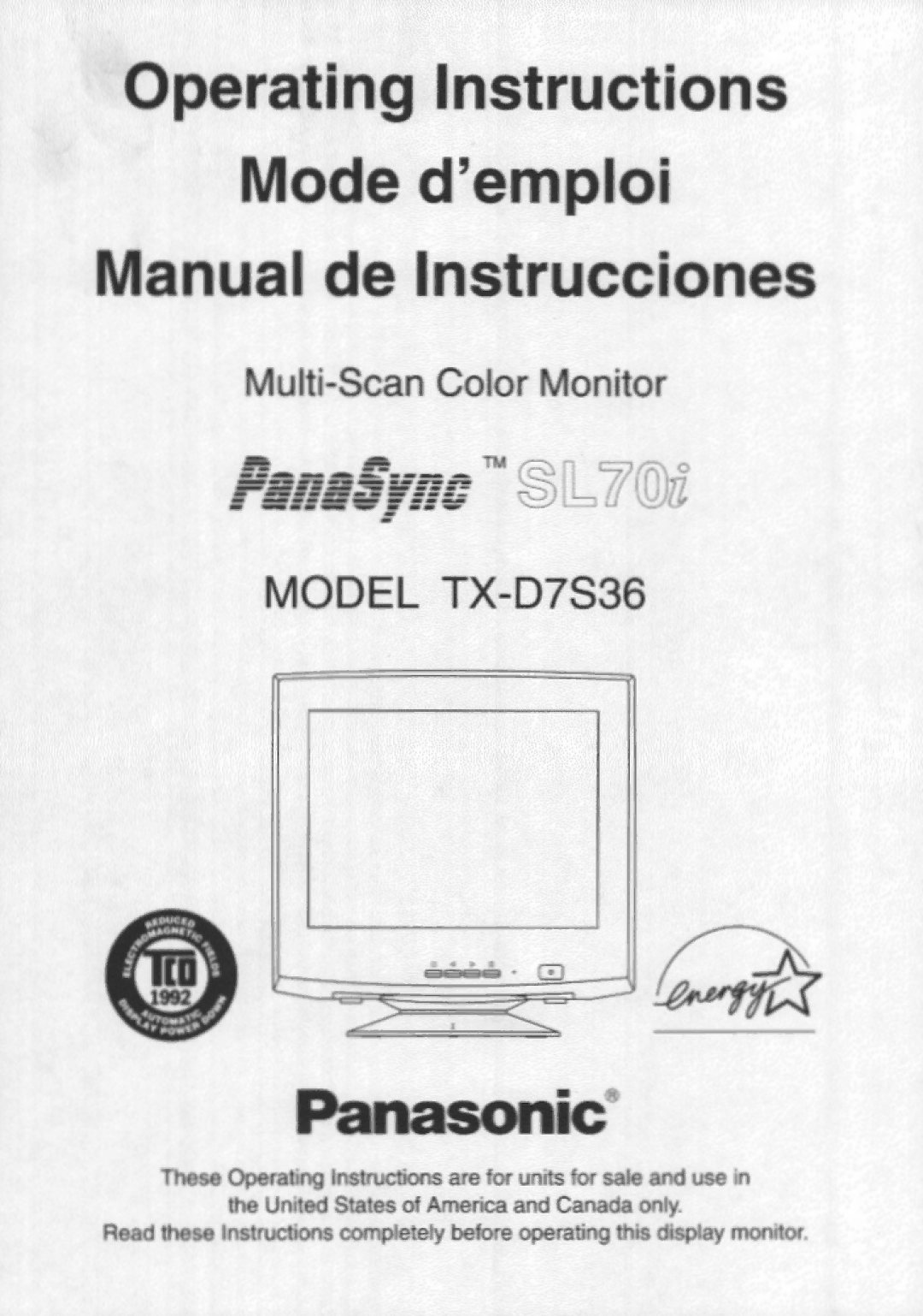 Panasonic TX-D7S36 manual 