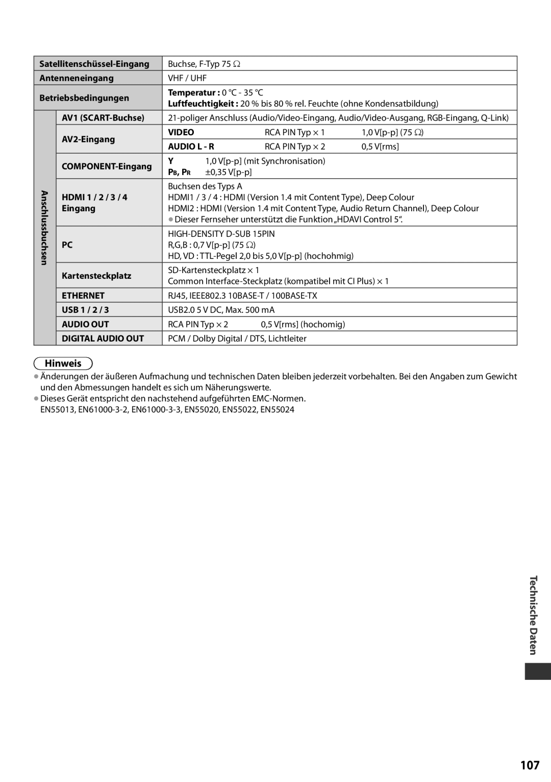 Panasonic TX-L37EF32 Hinweis, Technische Daten, Satellitenschüssel-Eingang Antenneneingang Betriebsbedingungen, Ethernet 