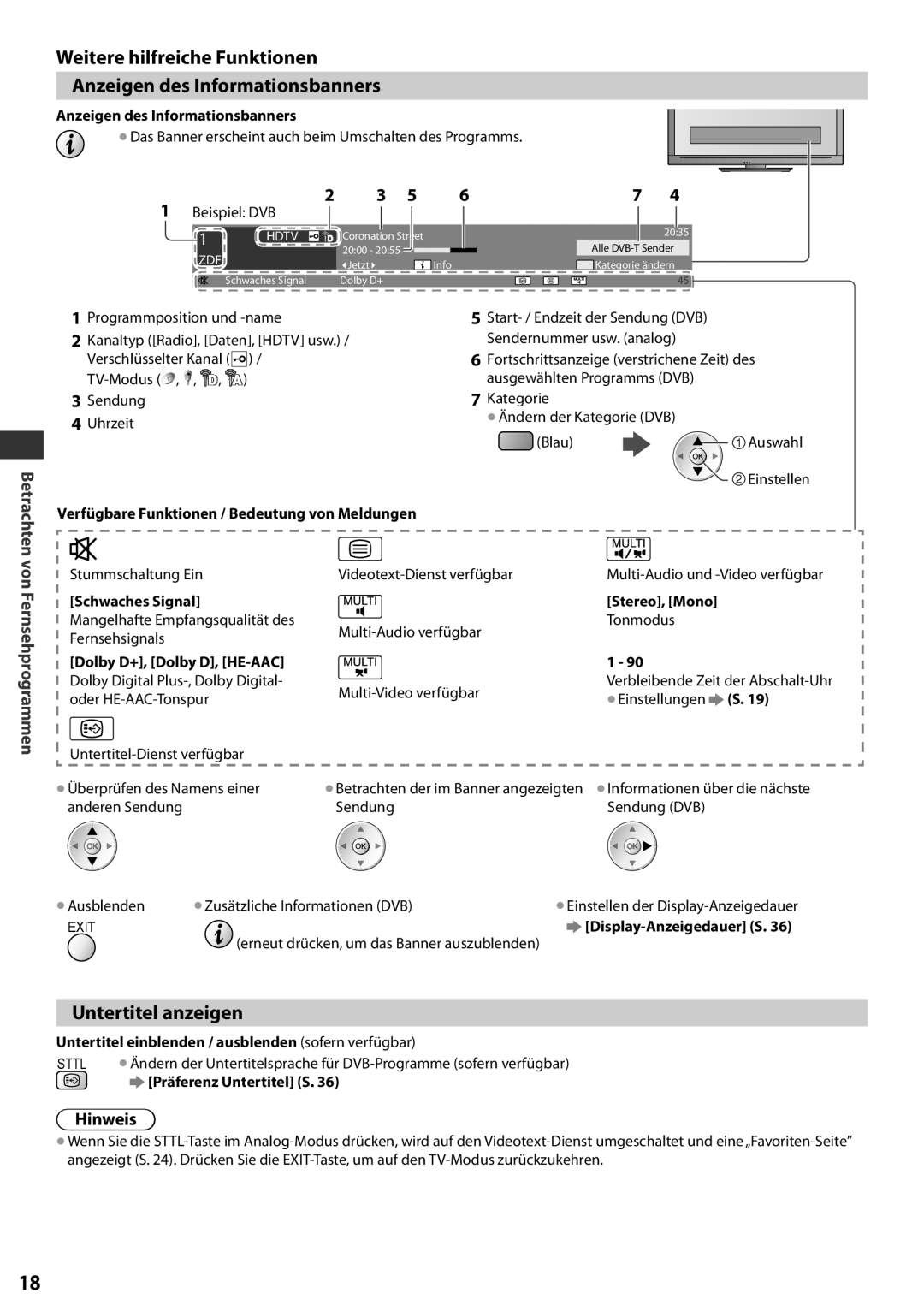 Panasonic TX-L42EF32 manual Weitere hilfreiche Funktionen Anzeigen des Informationsbanners, Untertitel anzeigen, Hinweis 