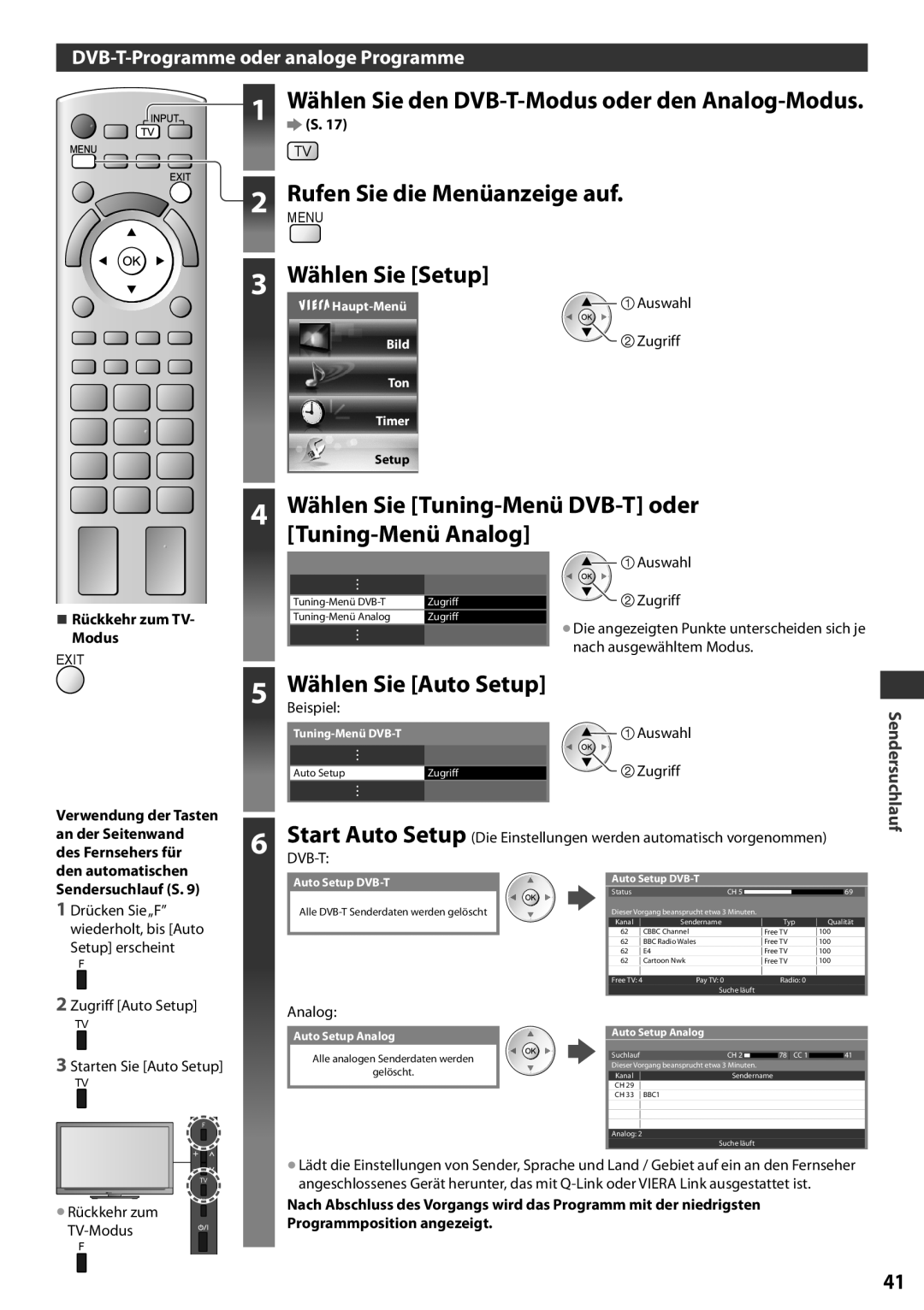 Panasonic TX-L37EF32 4 Wählen Sie Tuning-Menü DVB-T oder Tuning-Menü Analog, Wählen Sie Auto Setup, Sendersuchlauf, Menu 