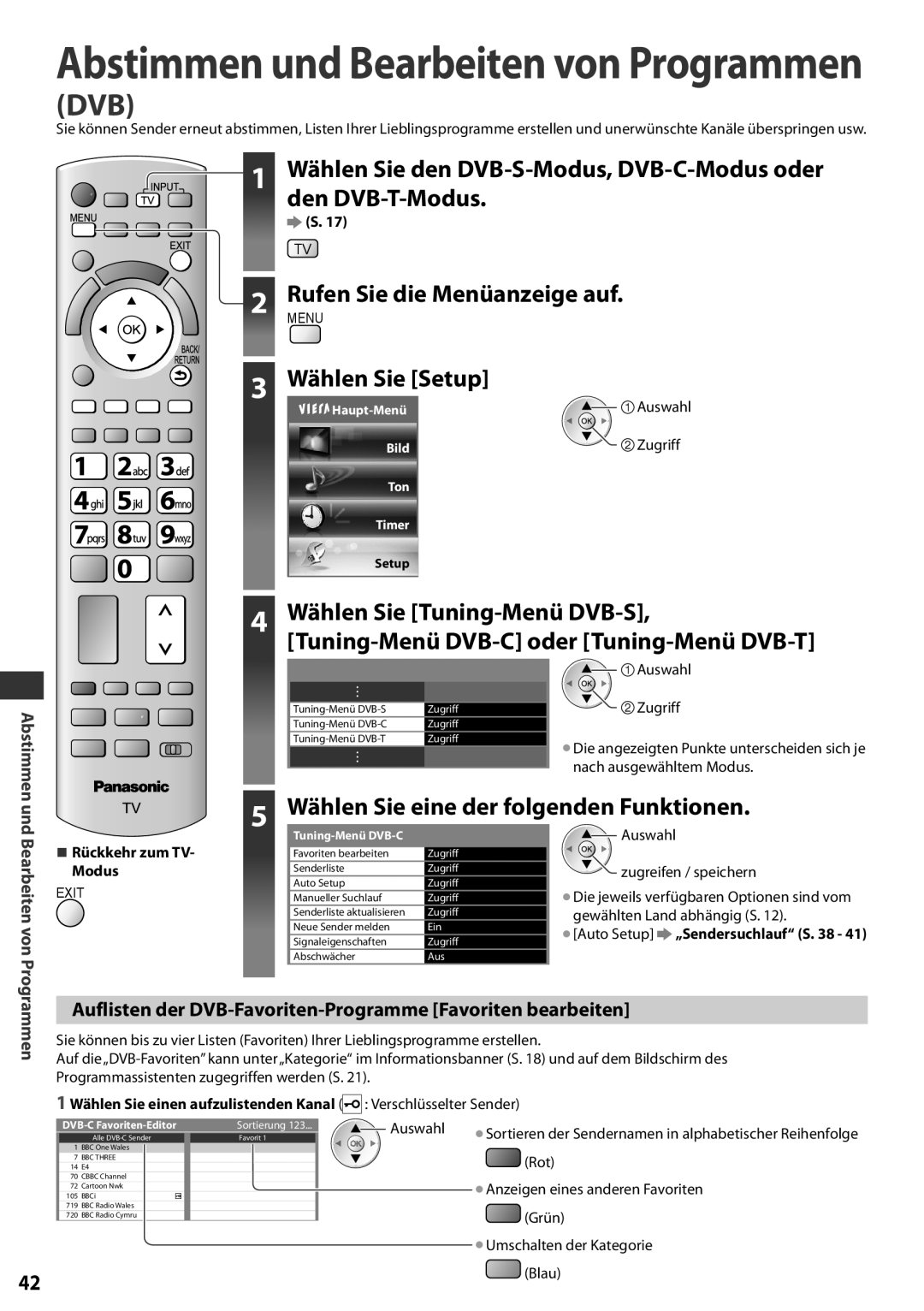 Panasonic TX-L42EF32 Abstimmen und Bearbeiten von Programmen, 5 Wählen Sie eine der folgenden Funktionen, Zugriff, Auswahl 