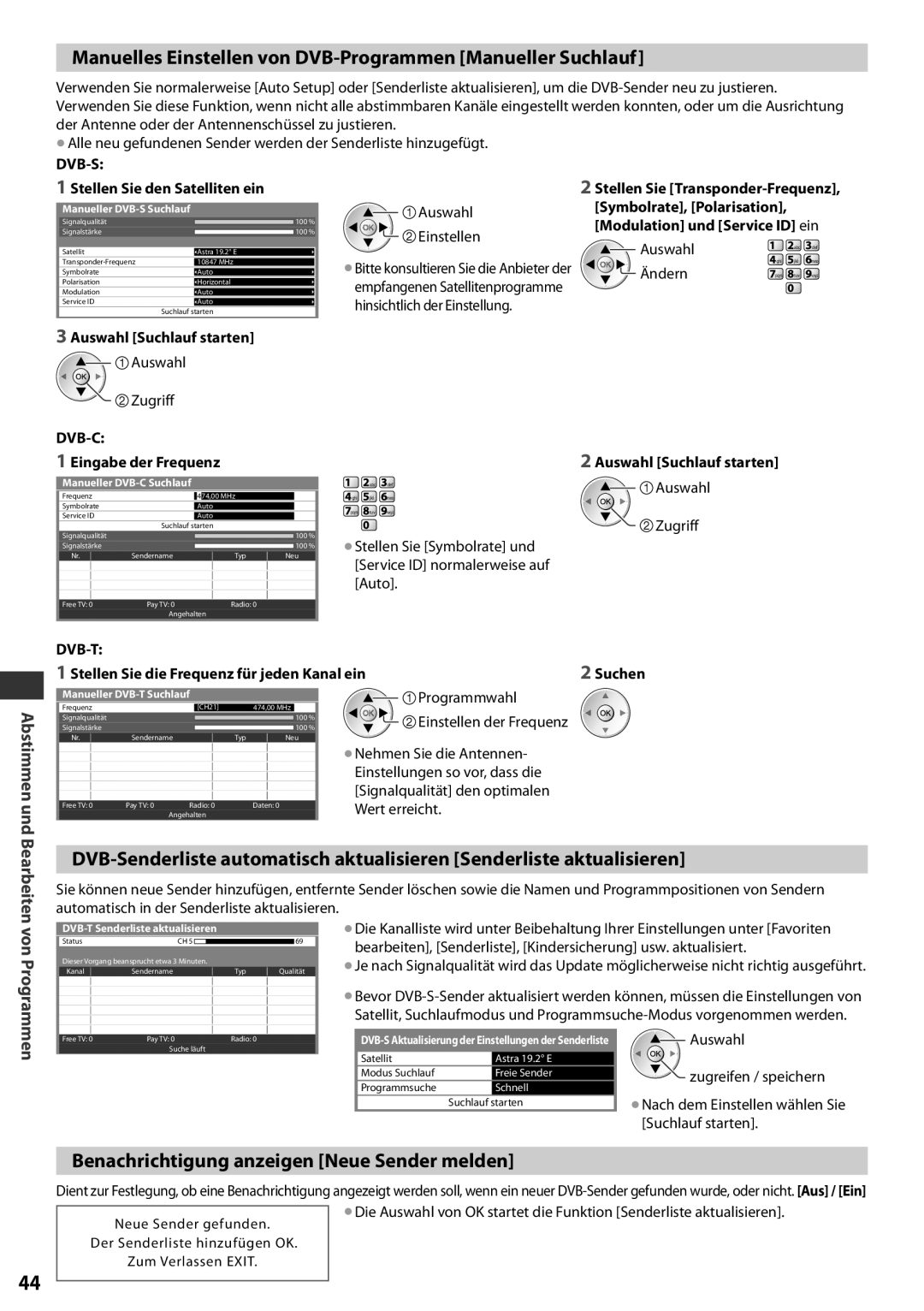 Panasonic TX-L37EF32 Manuelles Einstellen von DVB-Programmen Manueller Suchlauf, von Programmen, Auswahl Suchlauf starten 