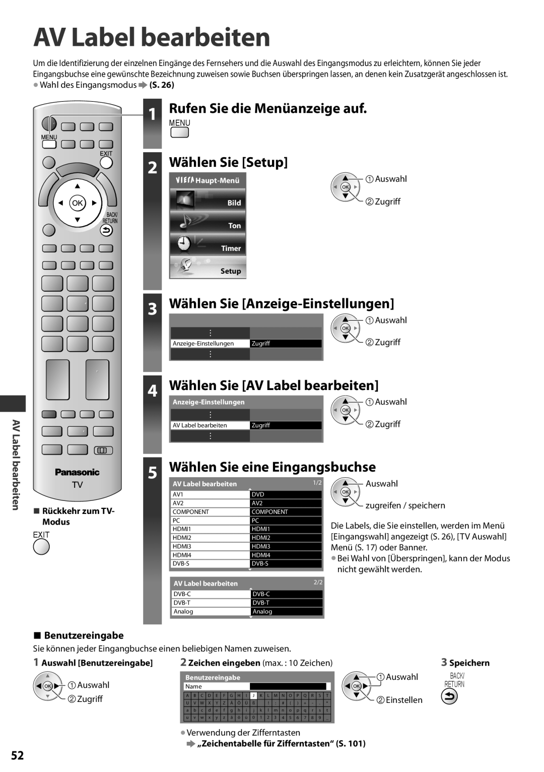Panasonic TX-L32EF32 3 Wählen Sie Anzeige-Einstellungen, 4 Wählen Sie AV Label bearbeiten, Benutzereingabe, Zugriff 