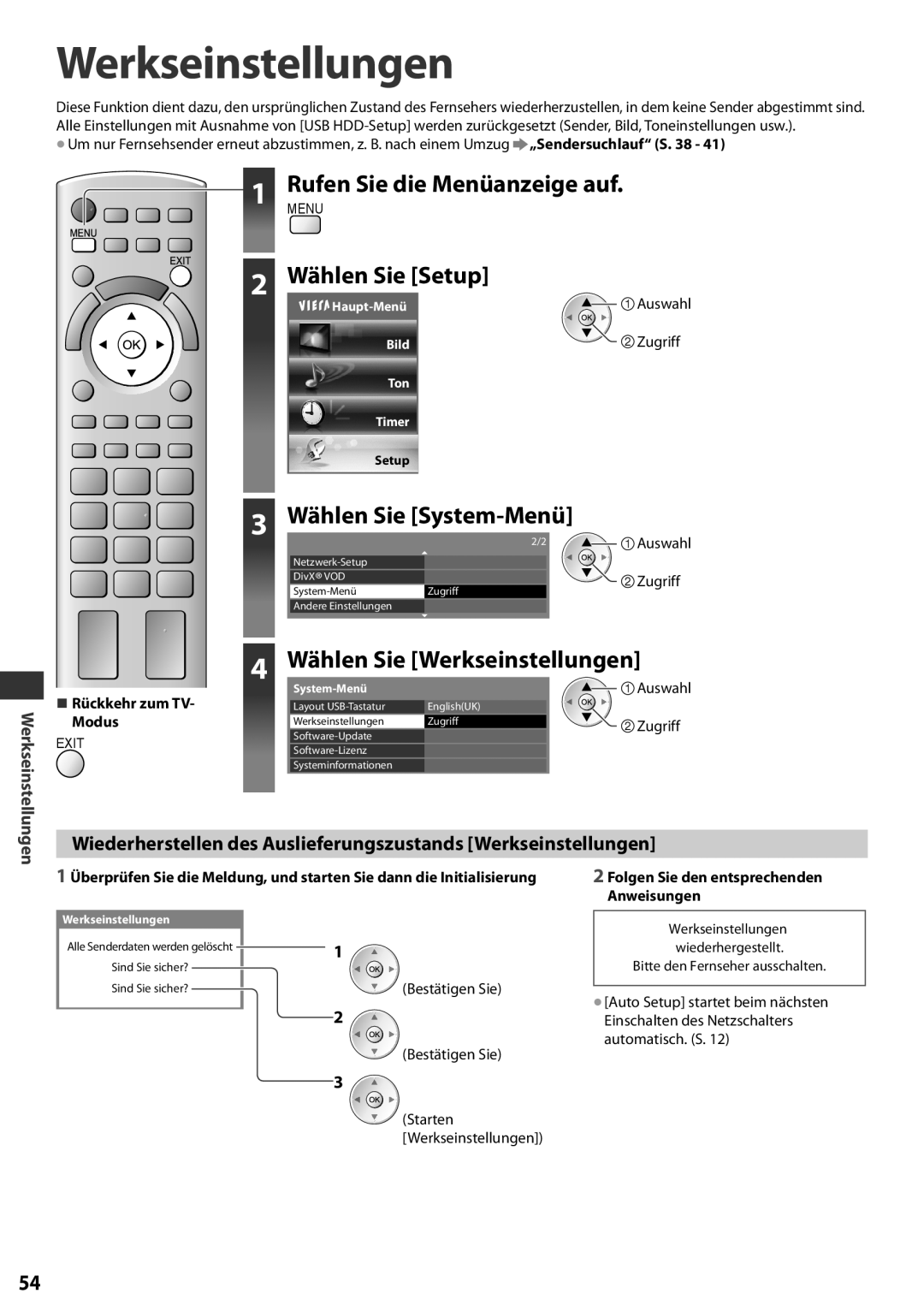 Panasonic TX-L42EF32 3 Wählen Sie System-Menü, 4 Wählen Sie Werkseinstellungen, Rückkehr zum TV- Modus, Zugriff, Bild 