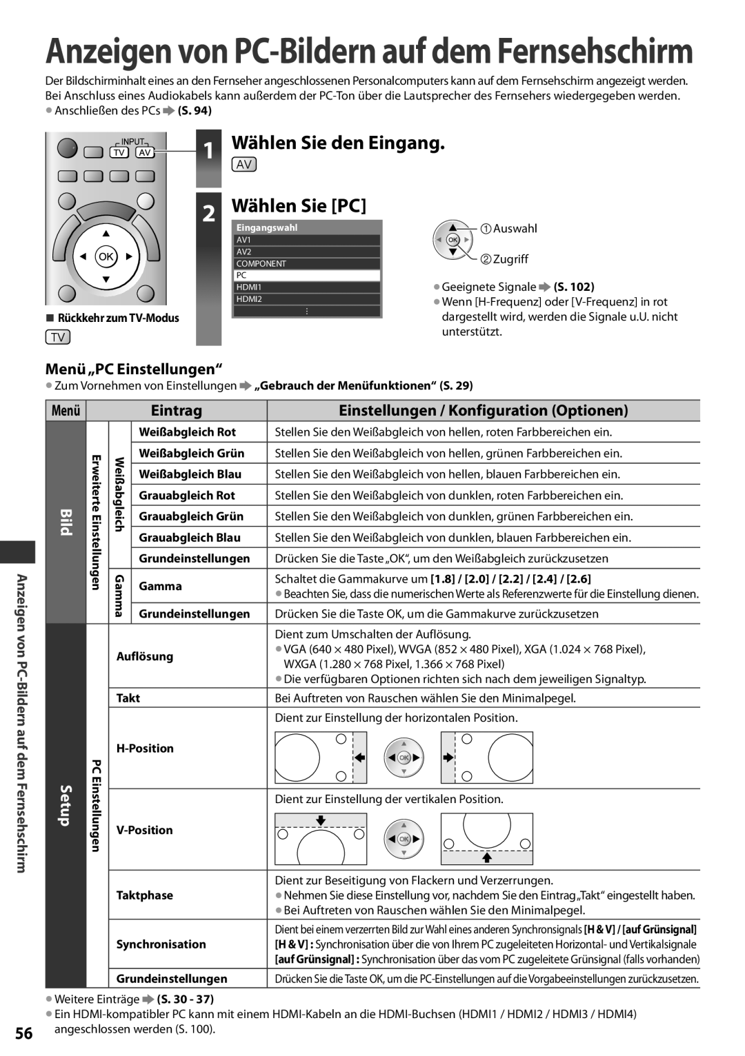 Panasonic TX-L37EF32 1 Wählen Sie den Eingang, 2 Wählen Sie PC, Menü„PC Einstellungen“, Eintrag, Bild, Weißabgleich Rot 