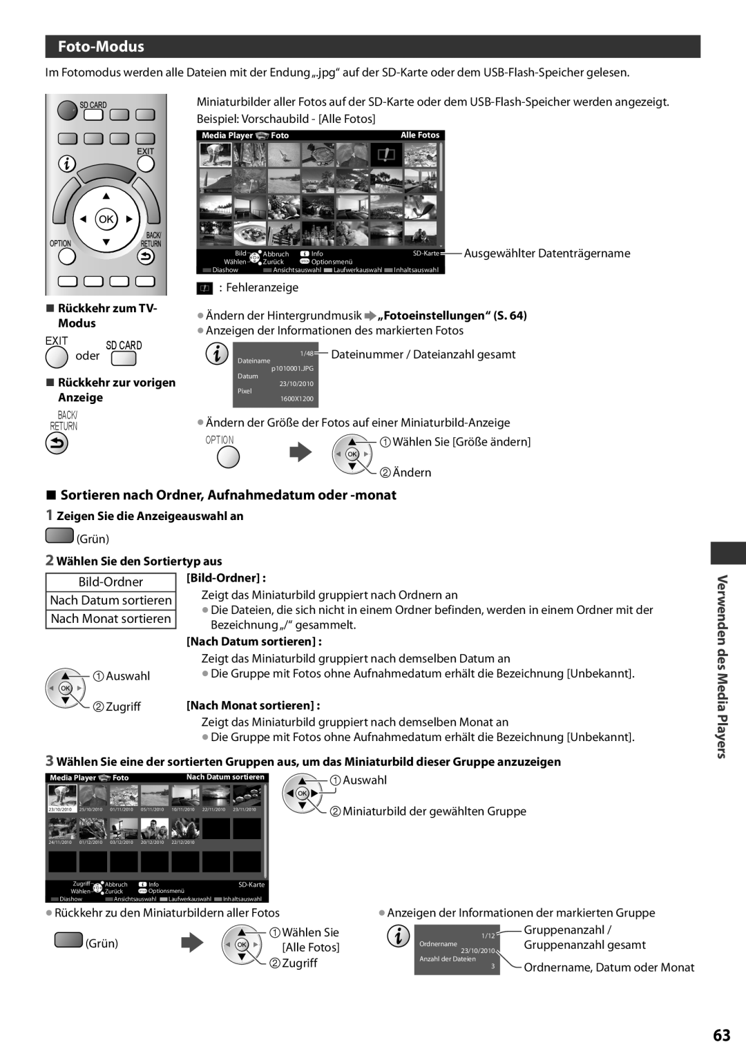 Panasonic TX-L42EF32 Foto-Modus, Sortieren nach Ordner, Aufnahmedatum oder -monat, Verwenden des Media Players, Exit, Back 