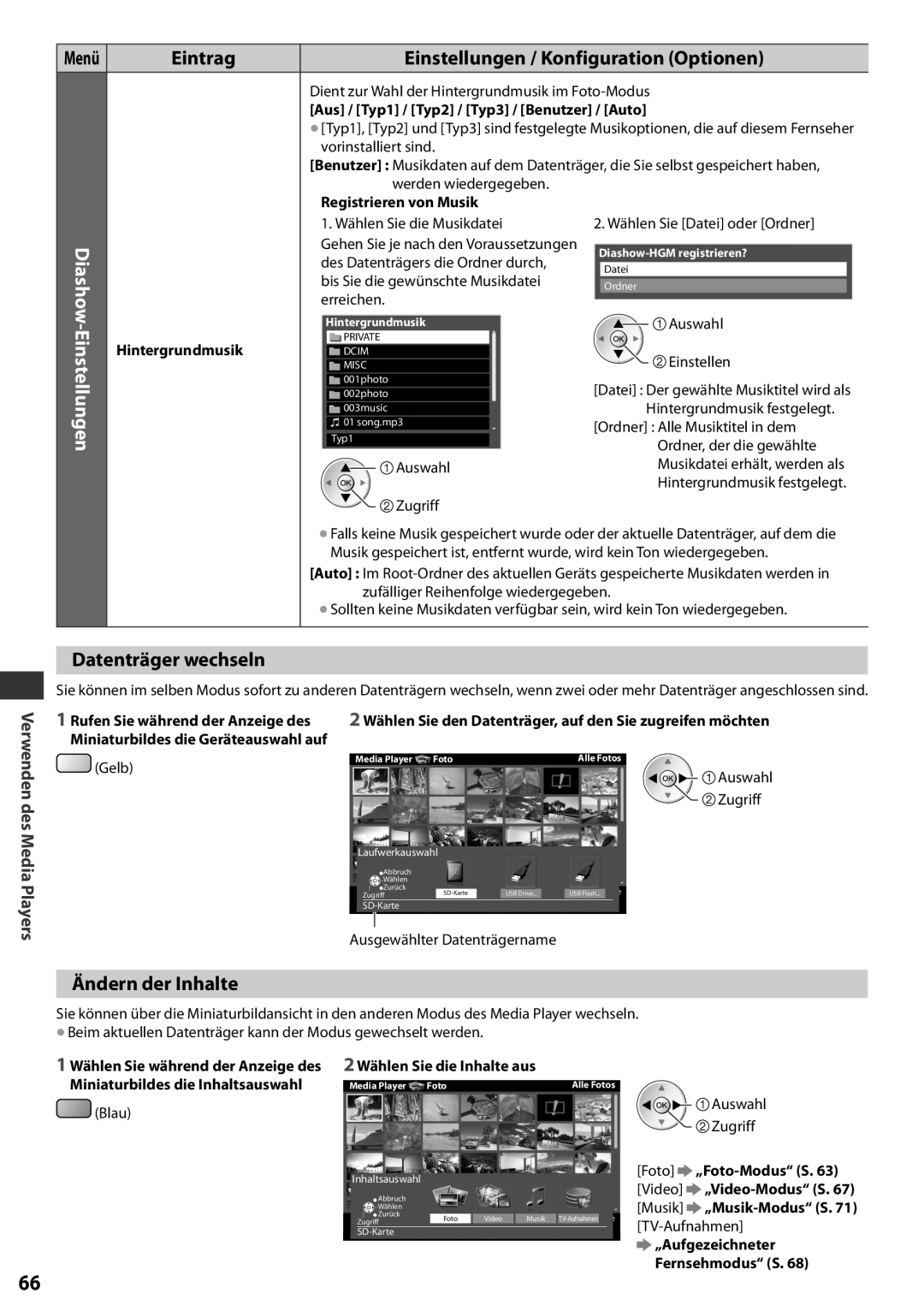 Panasonic TX-L42EF32 Datenträger wechseln, Ändern der Inhalte, Einstellungen / Konfiguration Optionen, Menü, Eintrag, Blau 