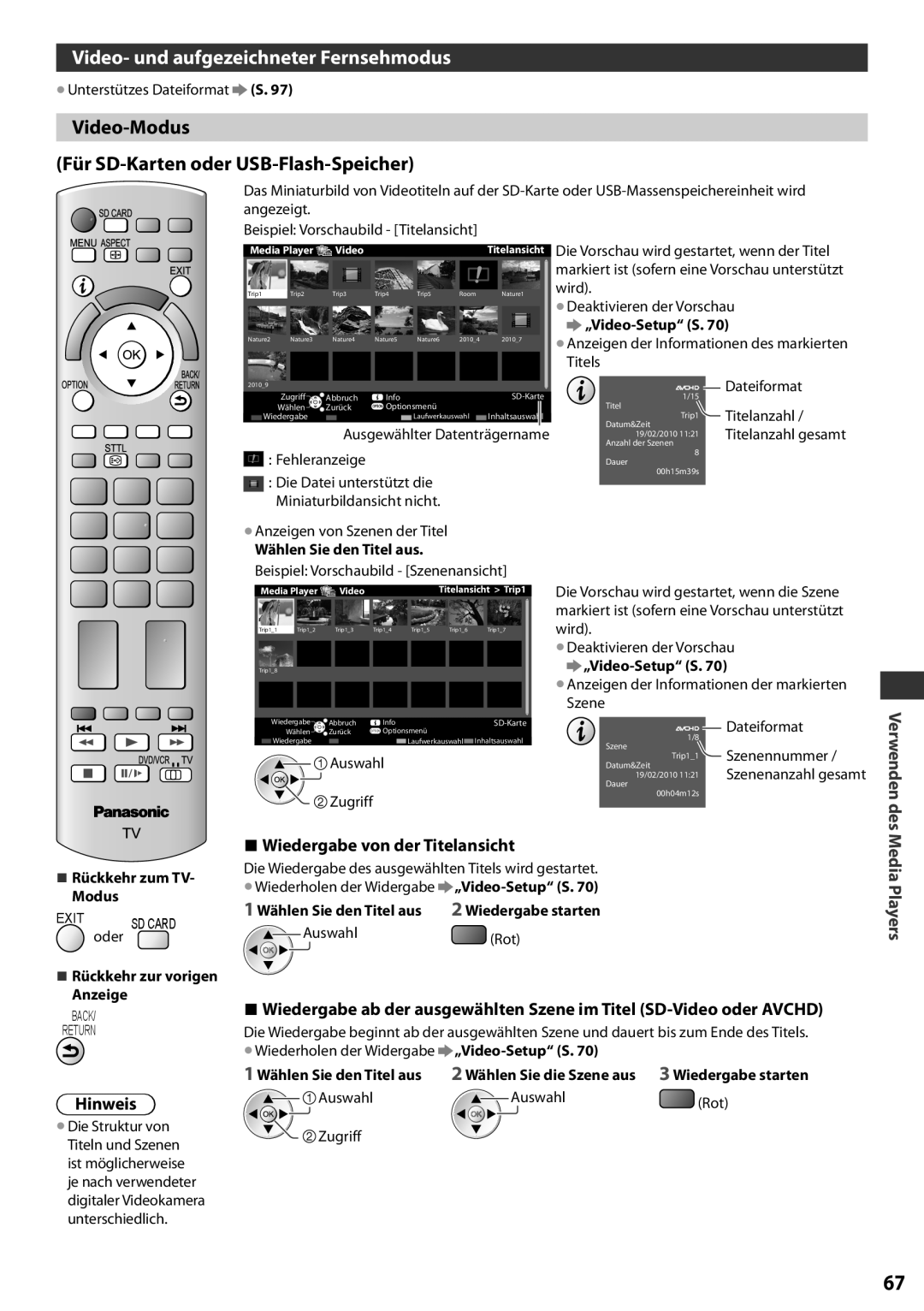 Panasonic TX-L32EF32 Video- und aufgezeichneter Fernsehmodus, Video-Modus Für SD-Karten oder USB-Flash-Speicher, Hinweis 