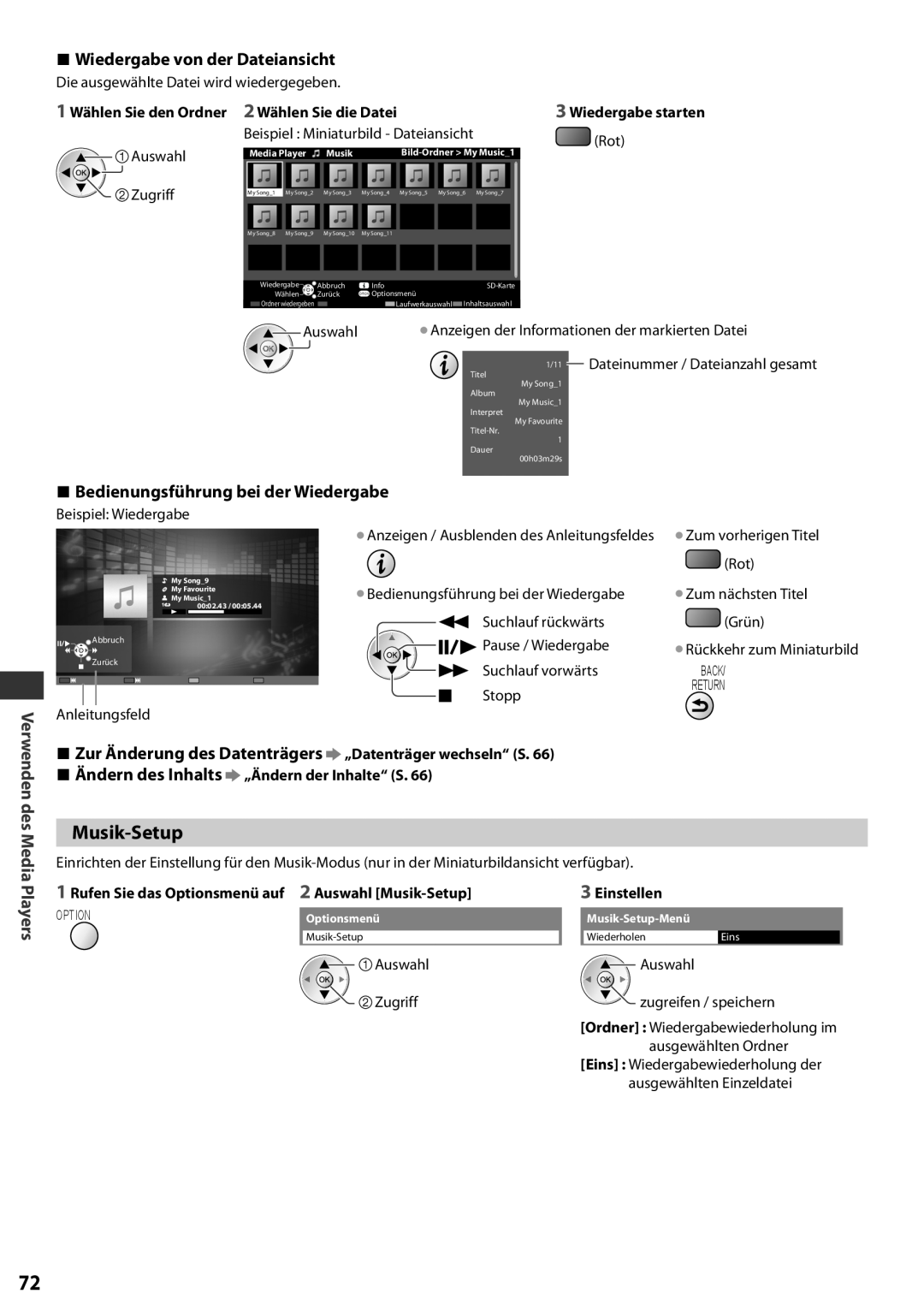 Panasonic TX-L42EF32 Musik-Setup, Wiedergabe von der Dateiansicht, Bedienungsführung bei der Wiedergabe, Media Players 