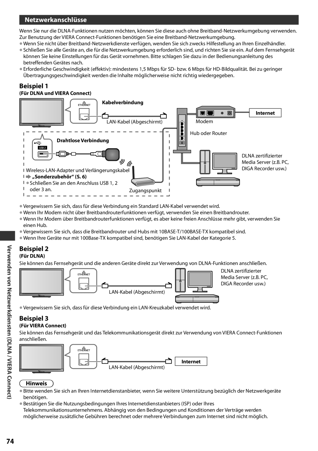 Panasonic TX-L37EF32 Netzwerkanschlüsse, Beispiel, Verwenden von Netzwerkdiensten DLNA / VIERA Connect, Hinweis, Internet 