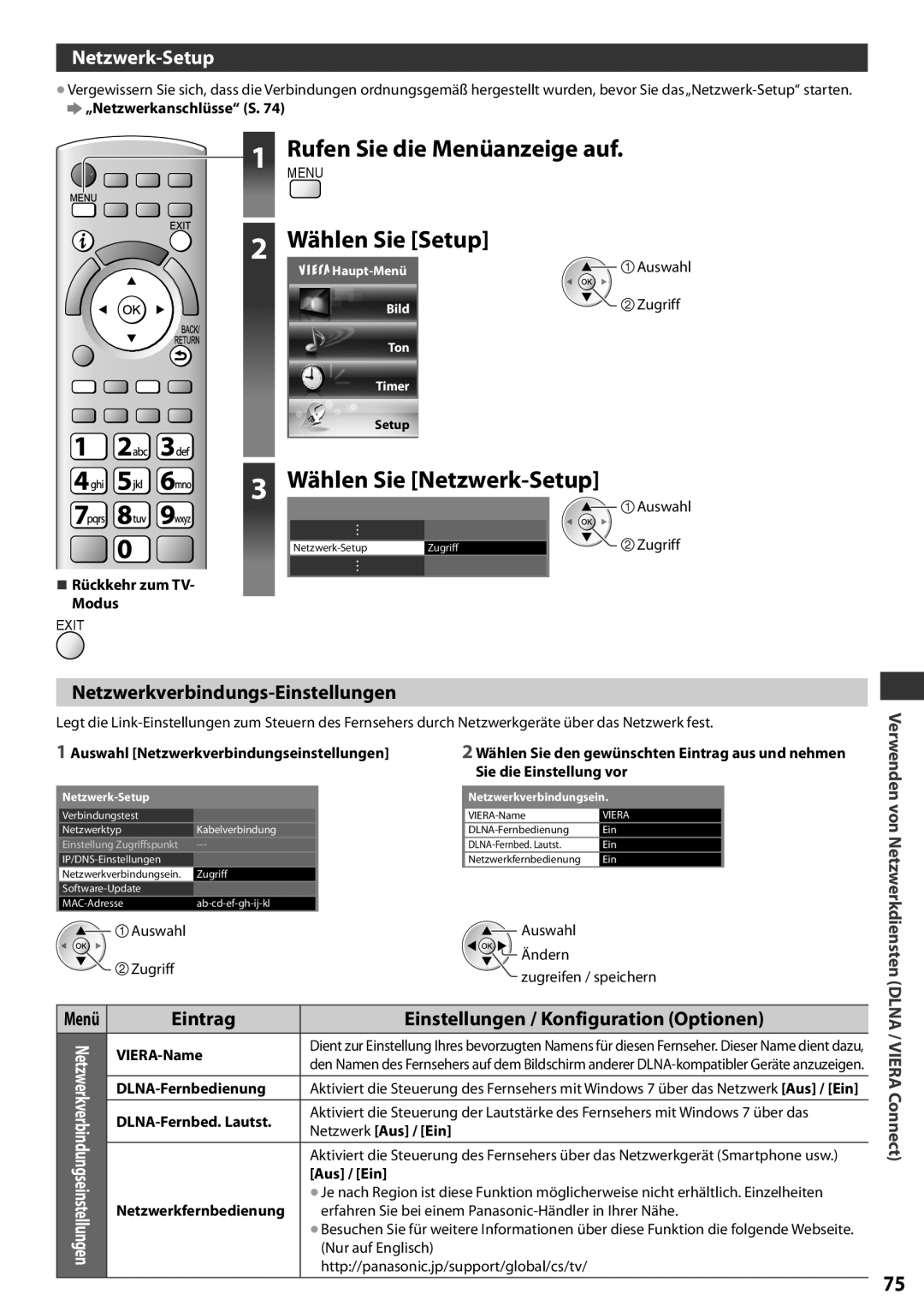 Panasonic TX-L42EF32 3 Wählen Sie Netzwerk-Setup, Netzwerkverbindungs-Einstellungen, Rufen Sie die Menüanzeige auf, Ändern 