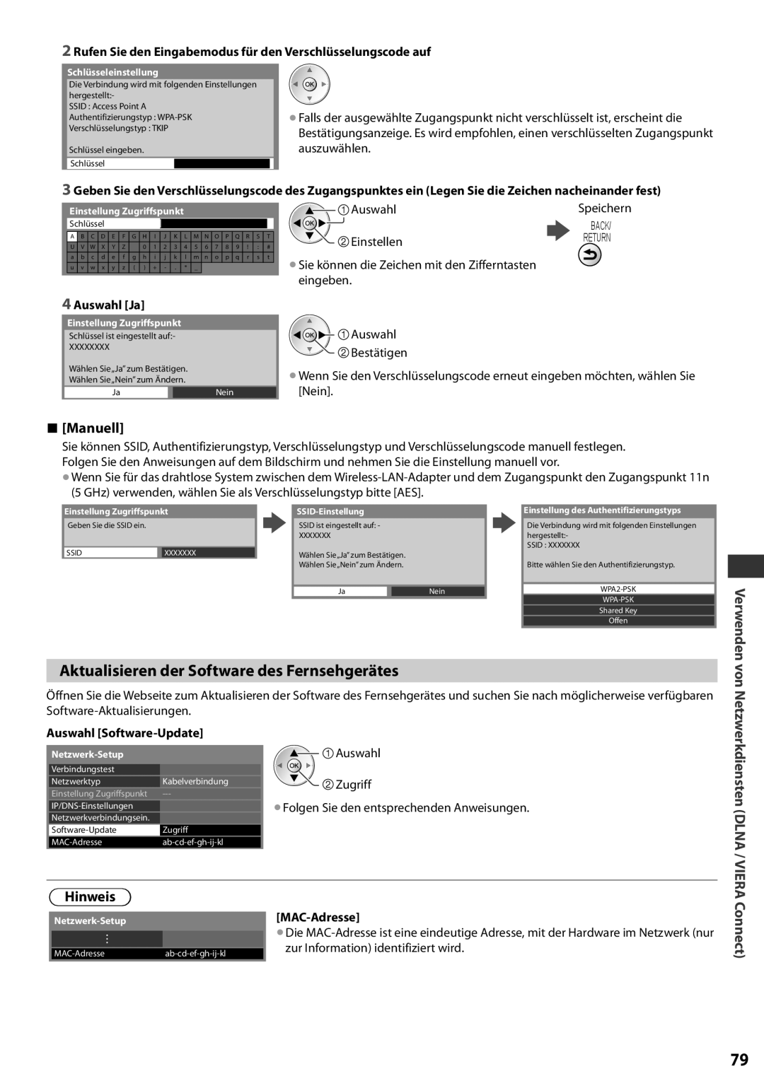 Panasonic TX-L32EF32 Aktualisieren der Software des Fernsehgerätes, Manuell, Hinweis, Auswahl Ja, Auswahl Software-Update 