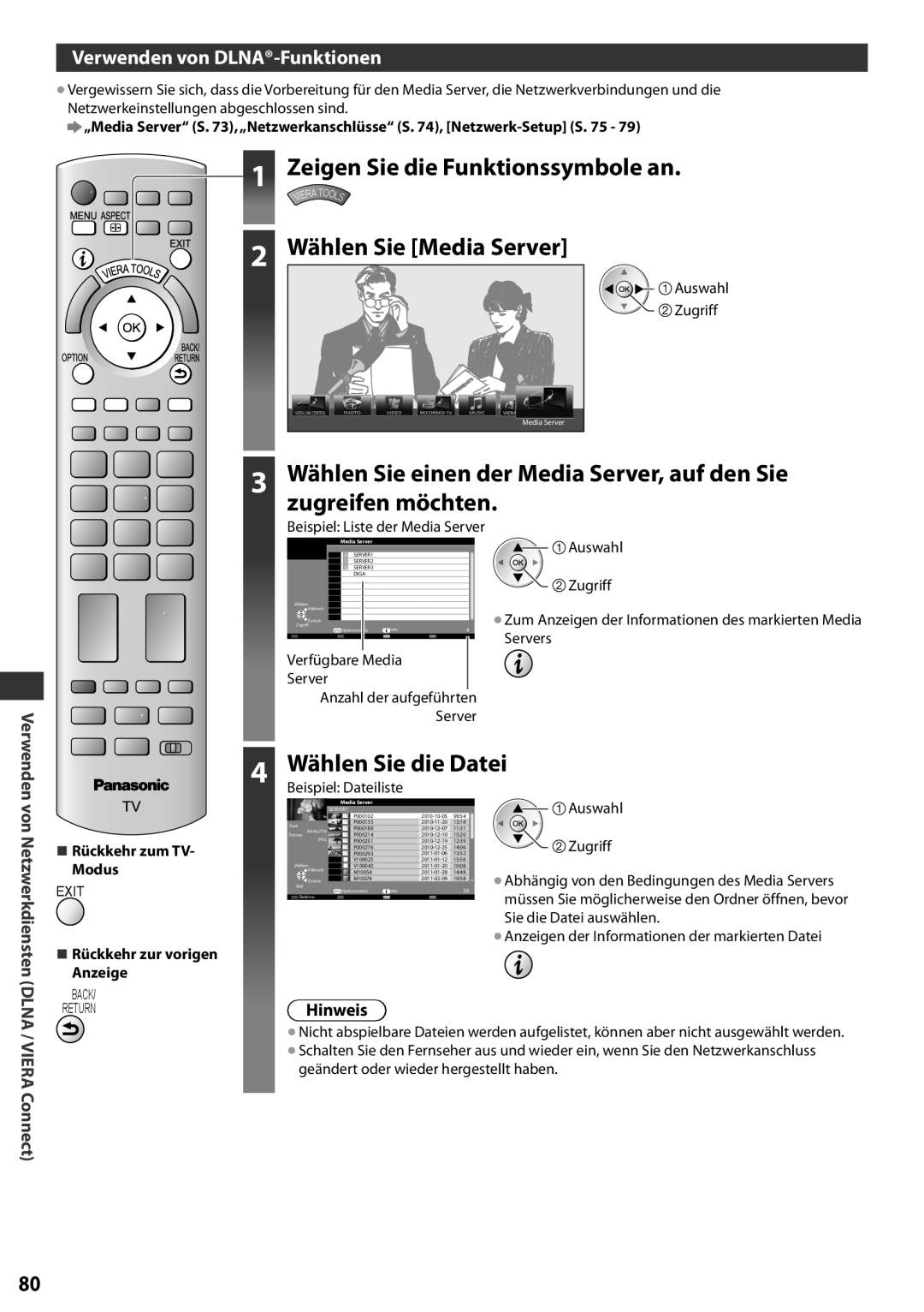 Panasonic TX-L37EF32 Wählen Sie Media Server, 3 Wählen Sie einen der Media Server, auf den Sie zugreifen möchten, Hinweis 