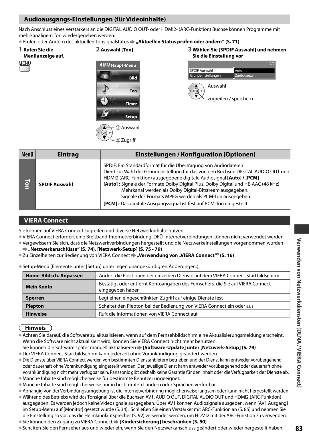 Panasonic TX-L37EF32 Audioausgangs-Einstellungen für Videoinhalte, VIERA Connect, Menü, Eintrag, Hinweis, Rufen Sie die 