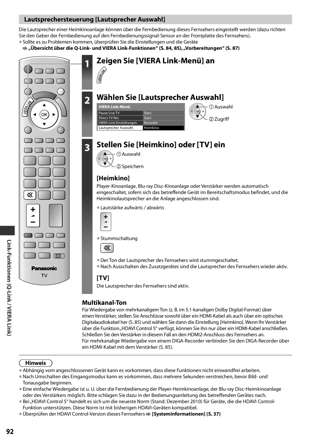 Panasonic TX-L37EF32 Wählen Sie Lautsprecher Auswahl, Stellen Sie Heimkino oder TV ein, Multikanal-Ton, Hinweis, Zugriff 