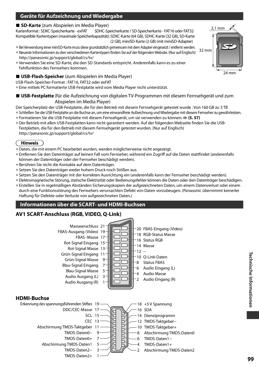 Panasonic TX-L42EF32 manual Geräte für Aufzeichnung und Wiedergabe, Informationen über die SCART- und HDMI-Buchsen, Hinweis 