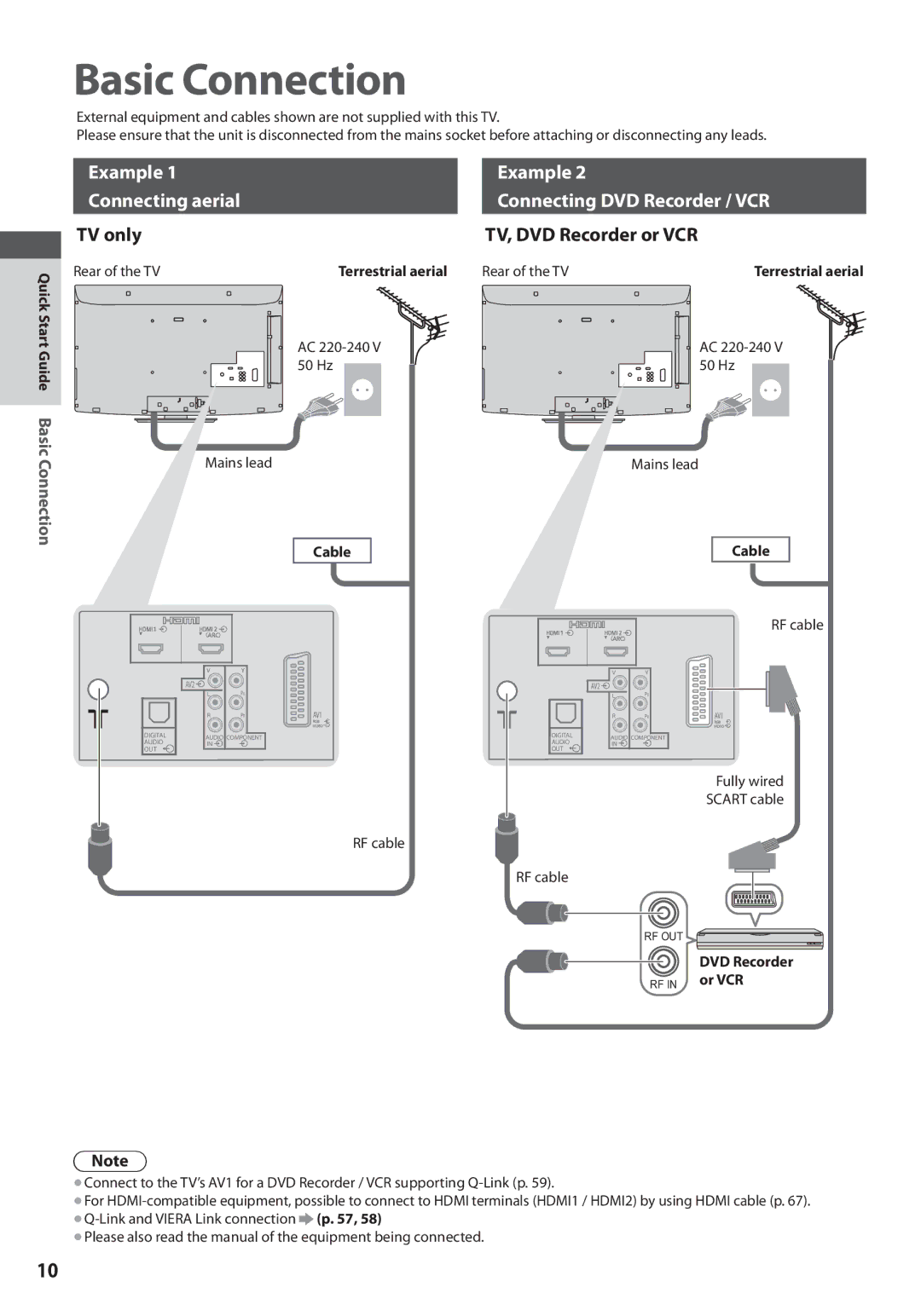 Panasonic TX-L32U3E, TX-L42U3E Basic Connection, Example Connecting aerial, TV only, Example Connecting DVD Recorder / VCR 