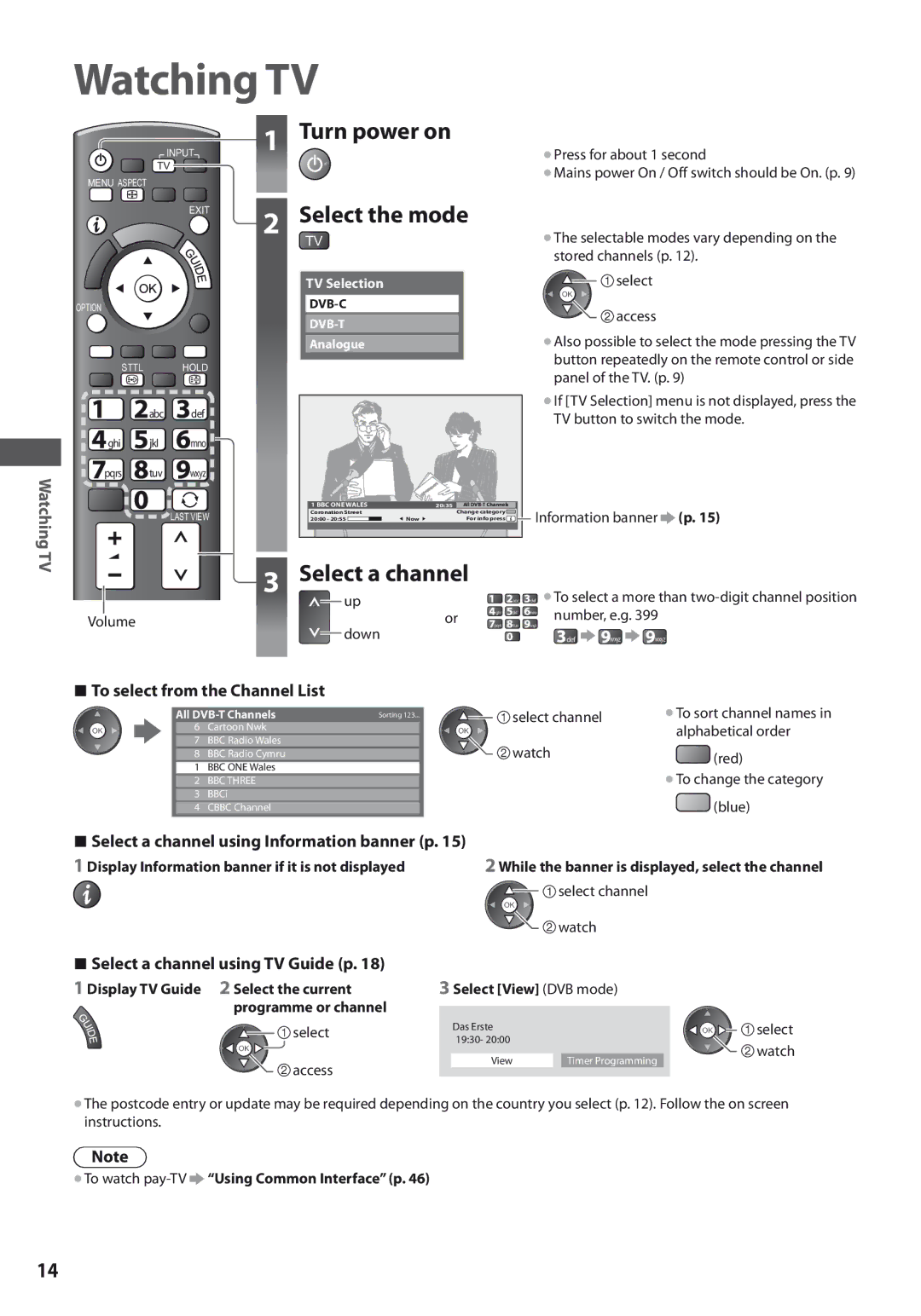 Panasonic TX-L37U3E, TX-L42U3E, TX-L32U3E Watching TV, Turn power on, Select the mode, To select from the Channel List 