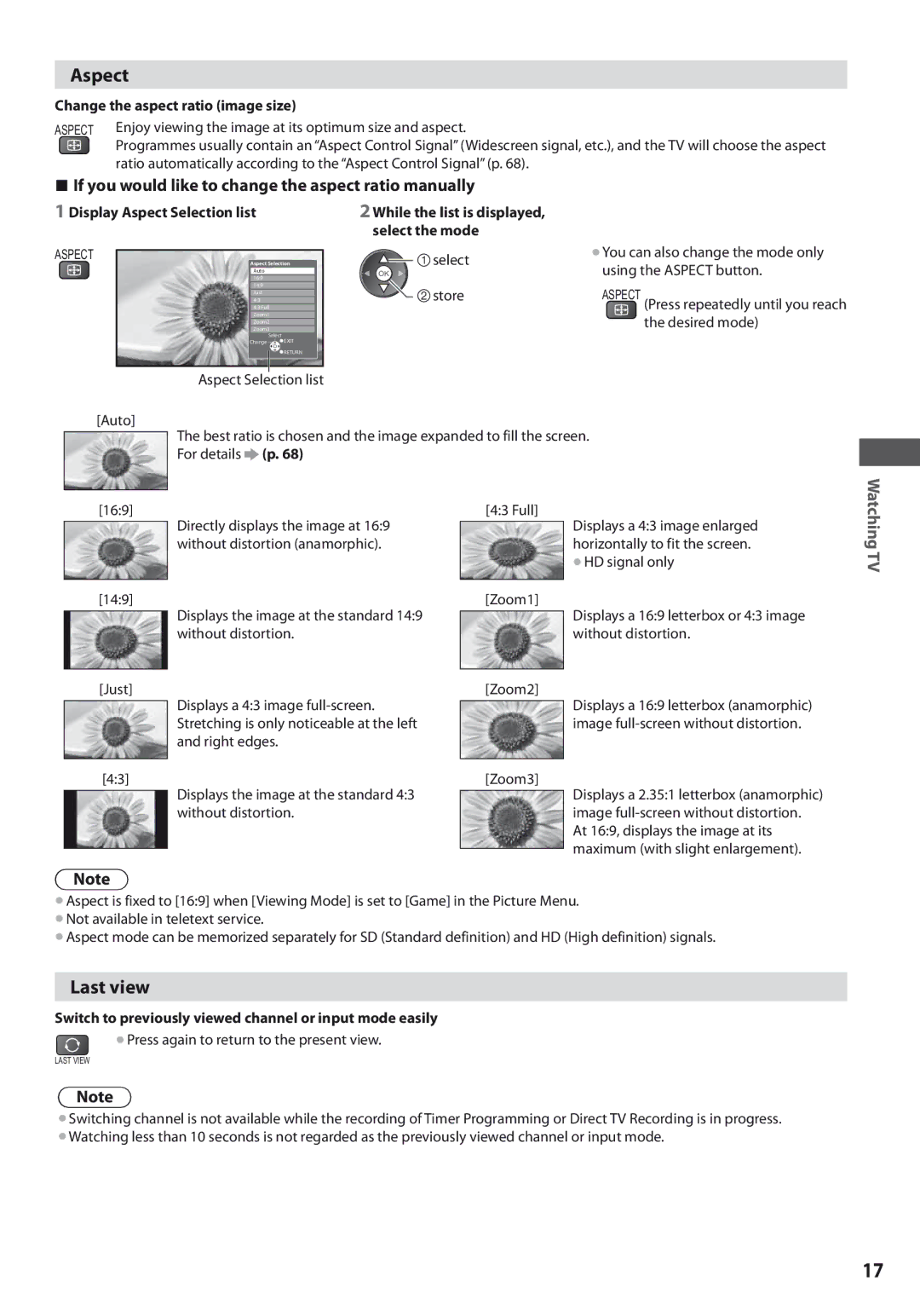 Panasonic TX-L37U3E, TX-L42U3E, TX-L32U3E Aspect, Last view, If you would like to change the aspect ratio manually 