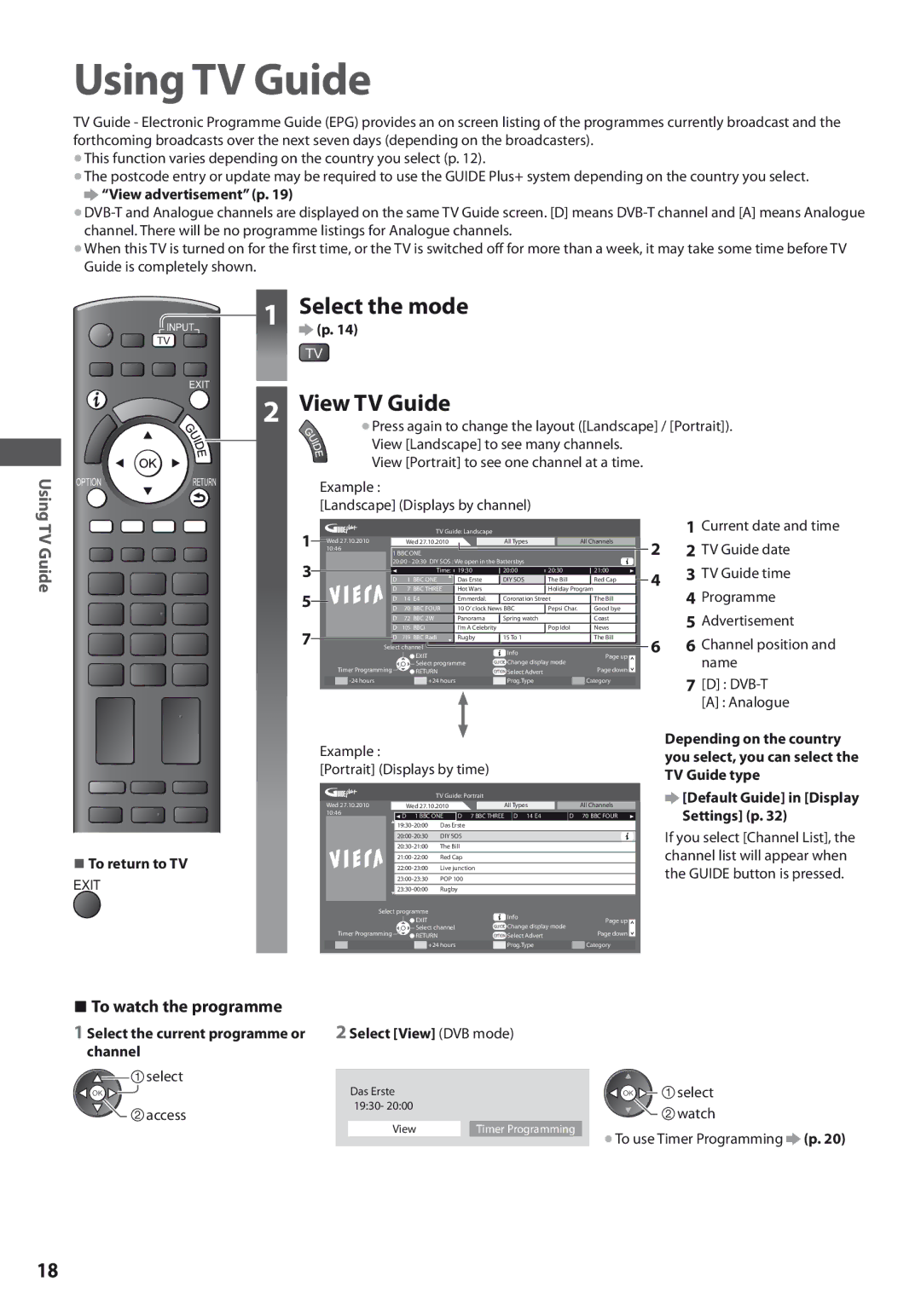 Panasonic TX-L42U3E, TX-L32U3E, TX-L37U3E Using TV Guide, Select the mode View TV Guide, To watch the programme 