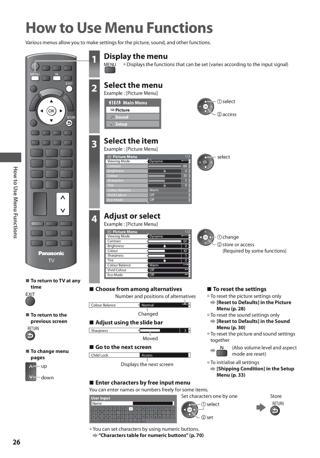 Panasonic TX-L37U3E, TX-L42U3E, TX-L32U3E How to Use Menu Functions, Display the menu, Select the menu, Select the item 