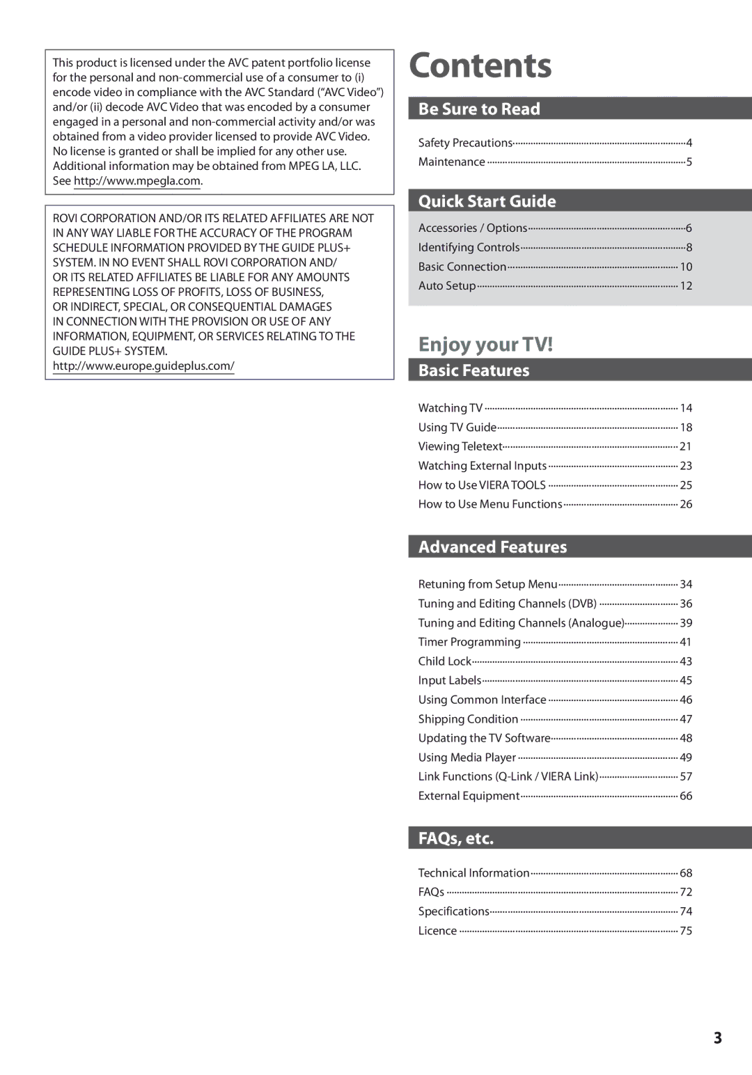 Panasonic TX-L42U3E, TX-L32U3E, TX-L37U3E operating instructions Contents 