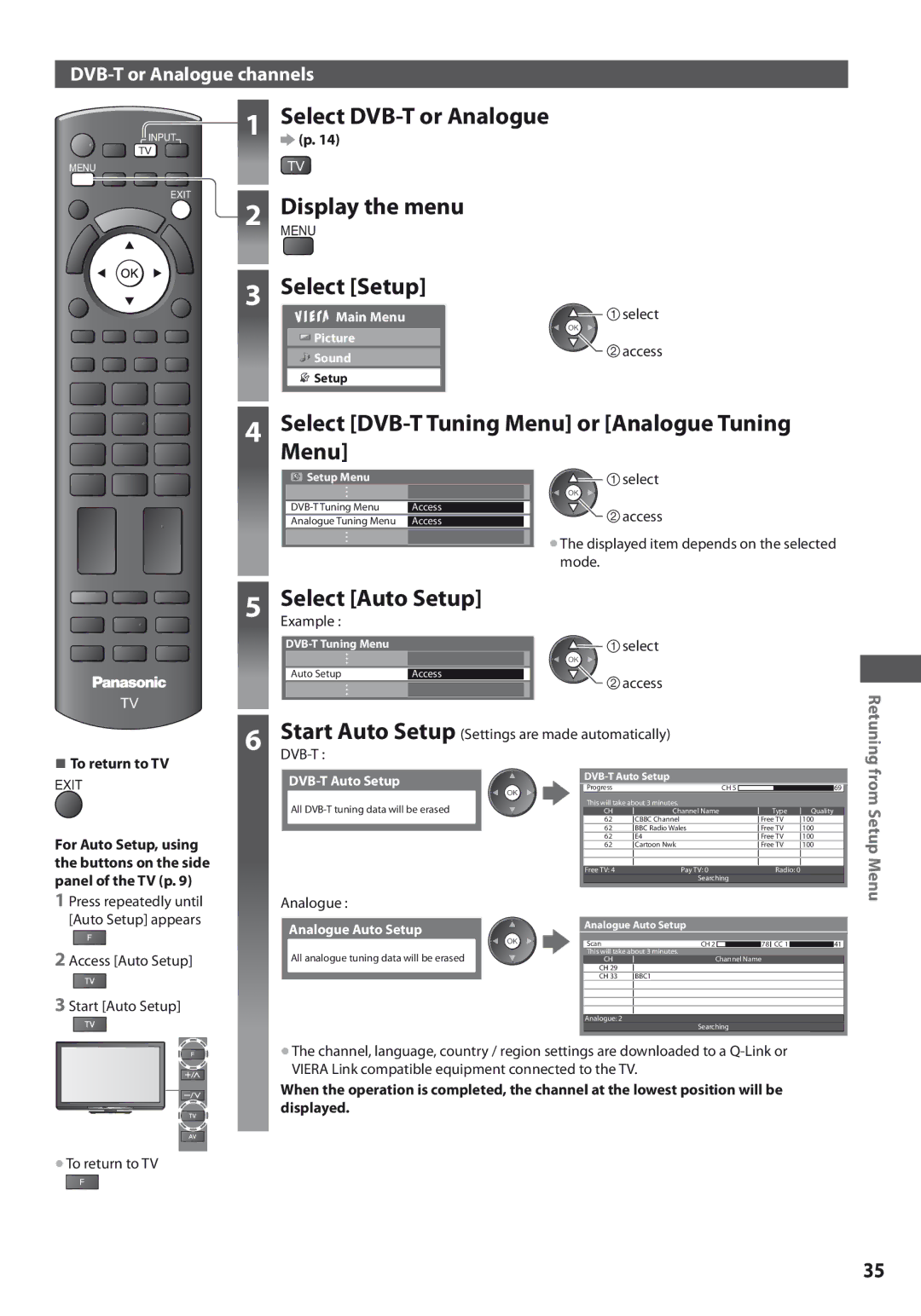 Panasonic TX-L37U3E, TX-L42U3E, TX-L32U3E operating instructions Menu, Start Auto Setup, DVB-T or Analogue channels 