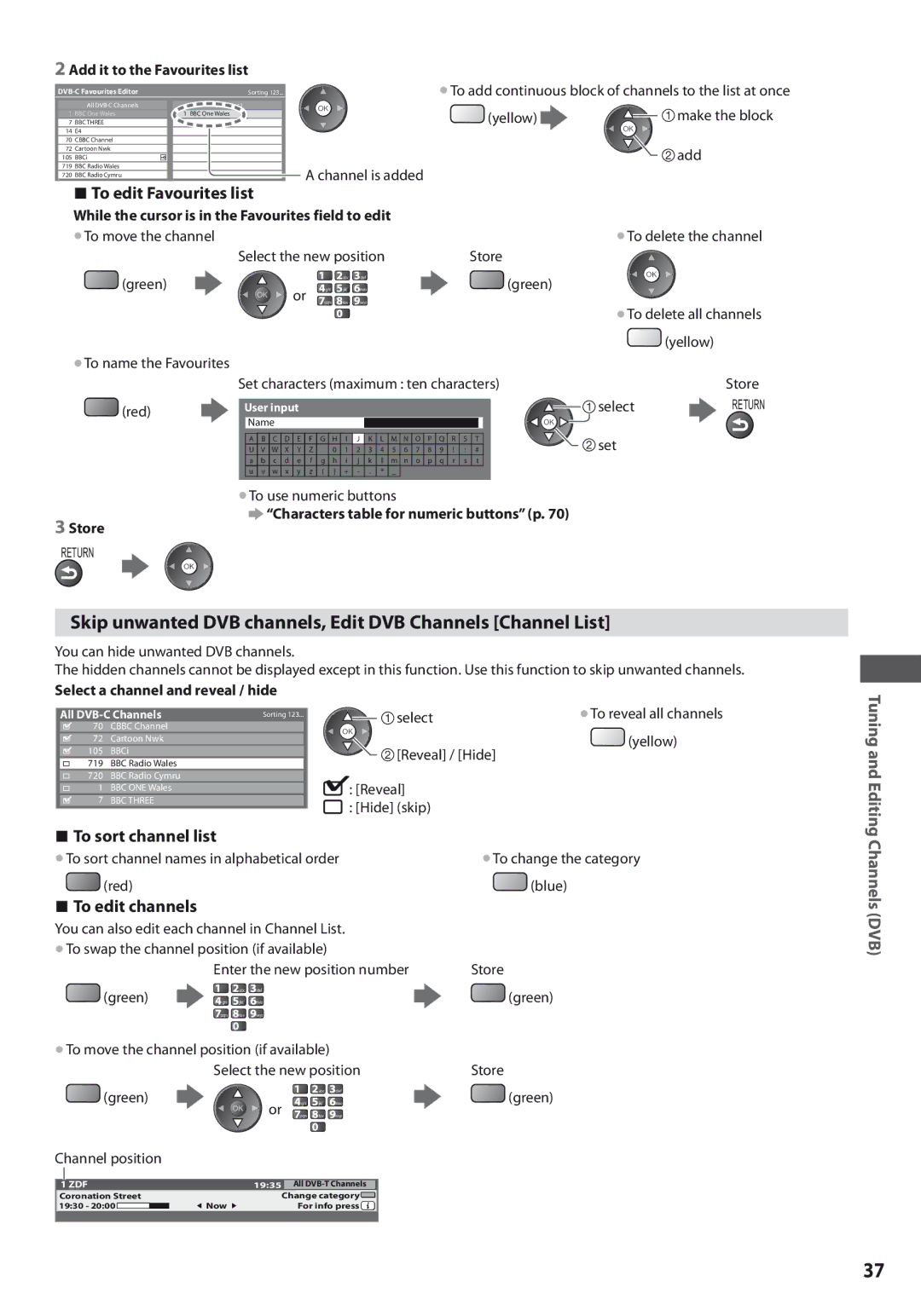 Panasonic TX-L32U3E Skip unwanted DVB channels, Edit DVB Channels Channel List, To edit Favourites list, To edit channels 