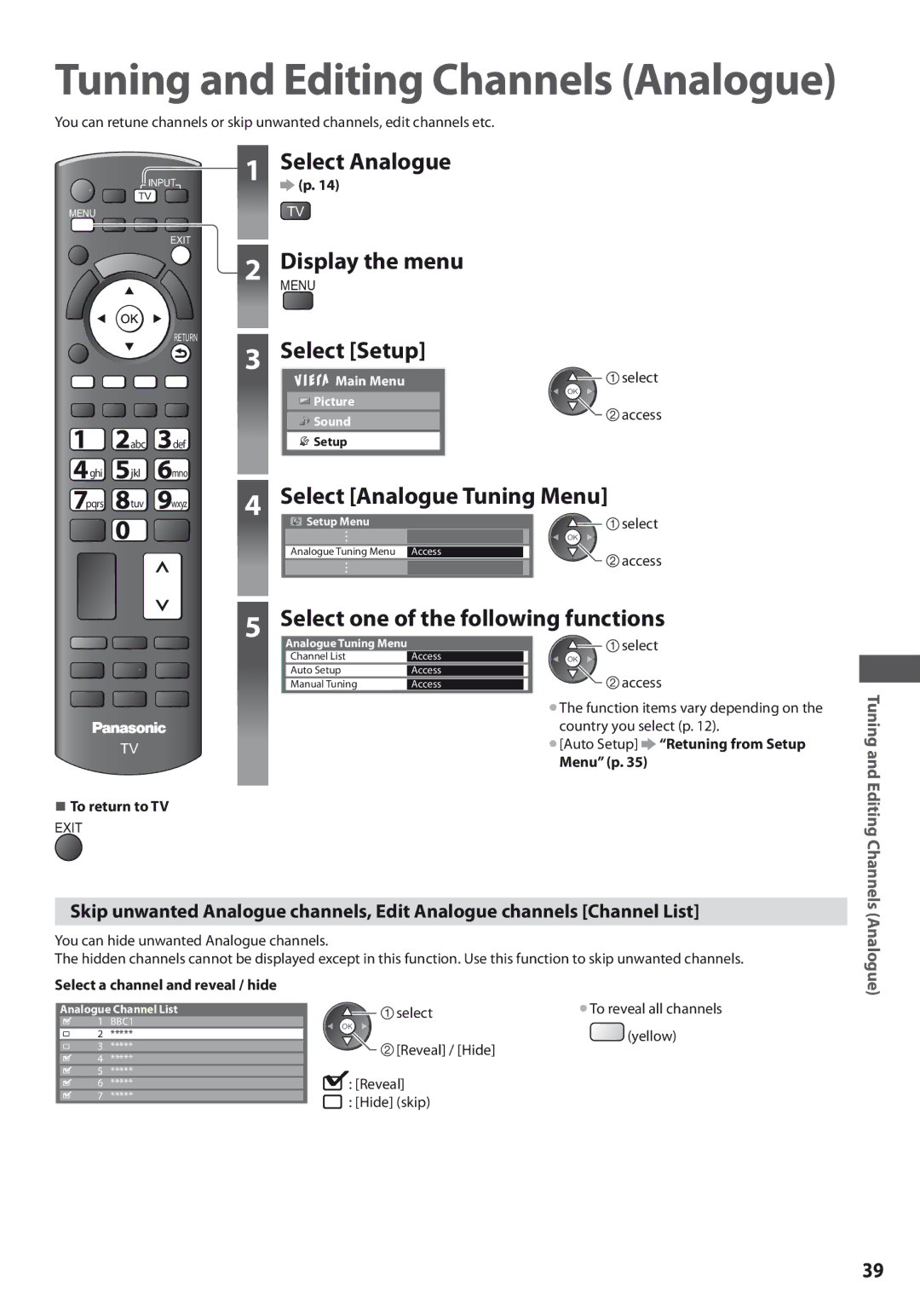 Panasonic TX-L42U3E Select Analogue Display the menu, Select Analogue Tuning Menu, Auto Setup Retuning from Setup Menu p 