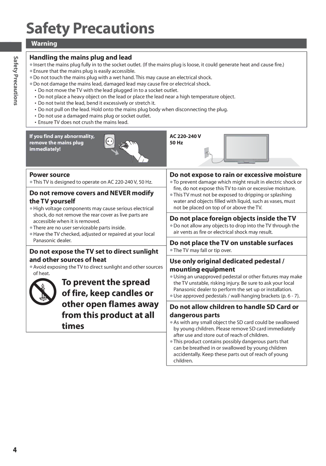 Panasonic TX-L32U3E, TX-L42U3E, TX-L37U3E operating instructions Safety Precautions 