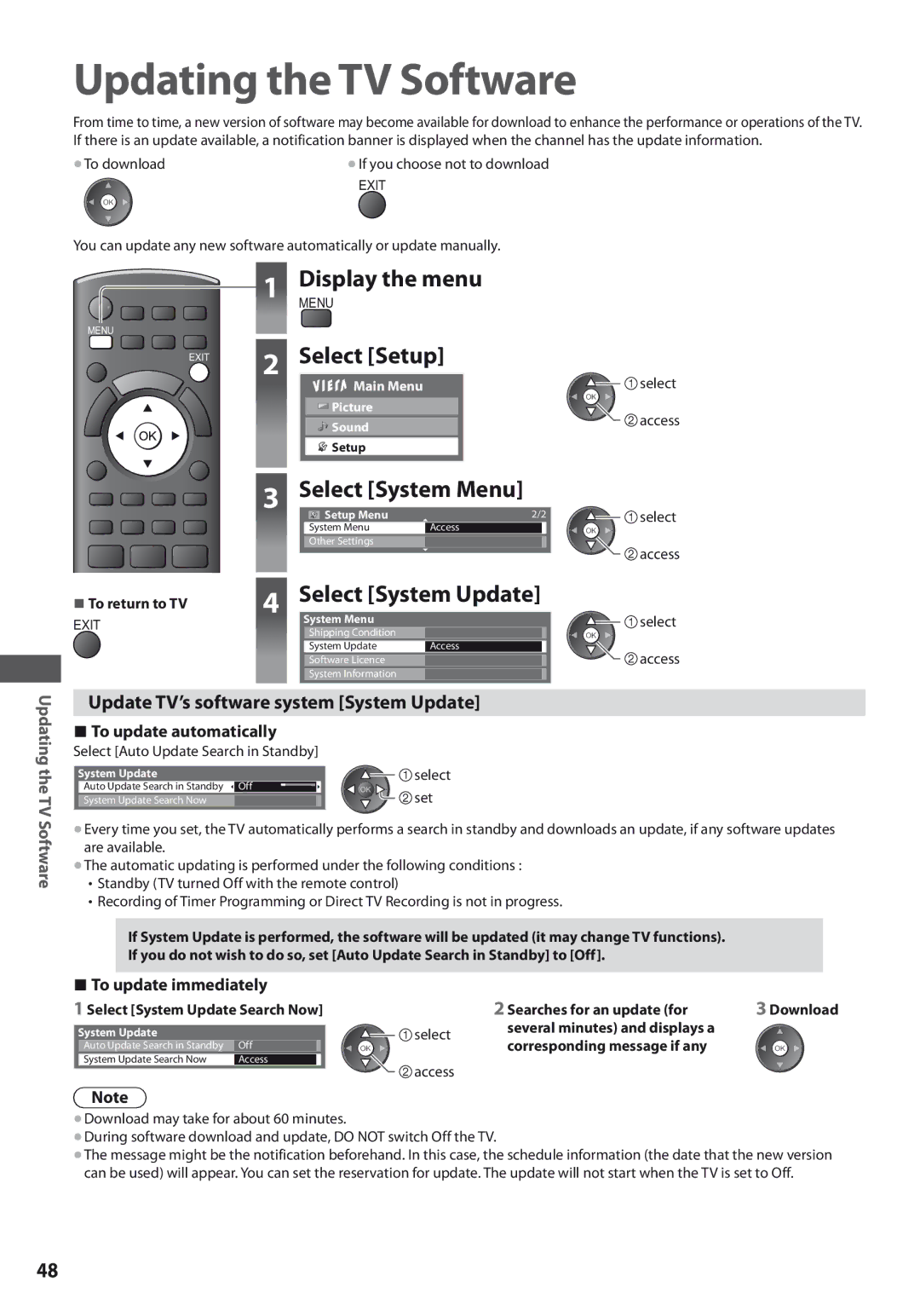 Panasonic TX-L42U3E, TX-L32U3E Updating the TV Software, Select System Update, Update TV’s software system System Update 