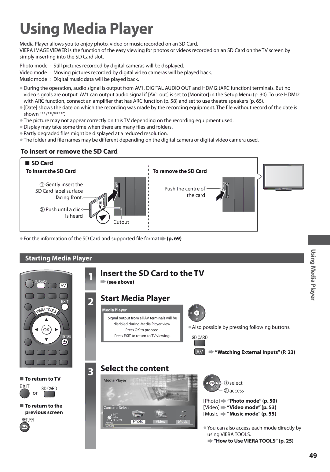 Panasonic TX-L32U3E, TX-L42U3E Using Media Player, Insert the SD Card to the TV, Start Media Player, Select the content 