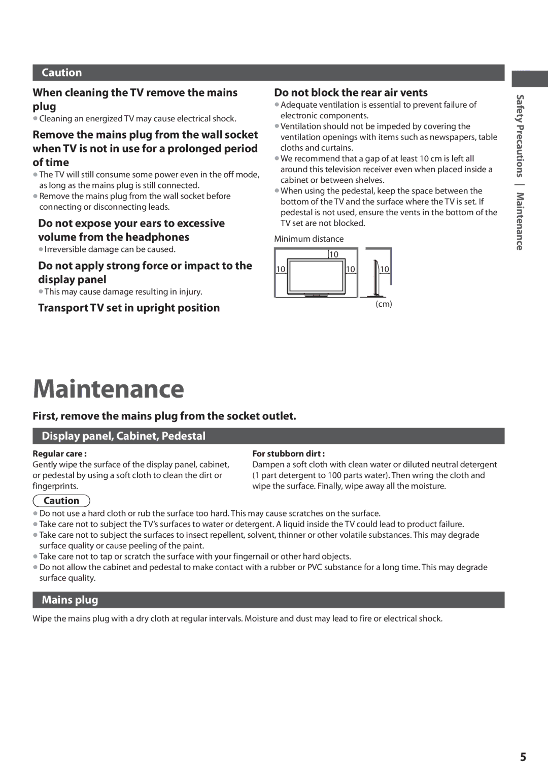 Panasonic TX-L37U3E, TX-L42U3E, TX-L32U3E operating instructions Maintenance, Display panel, Cabinet, Pedestal, Mains plug 