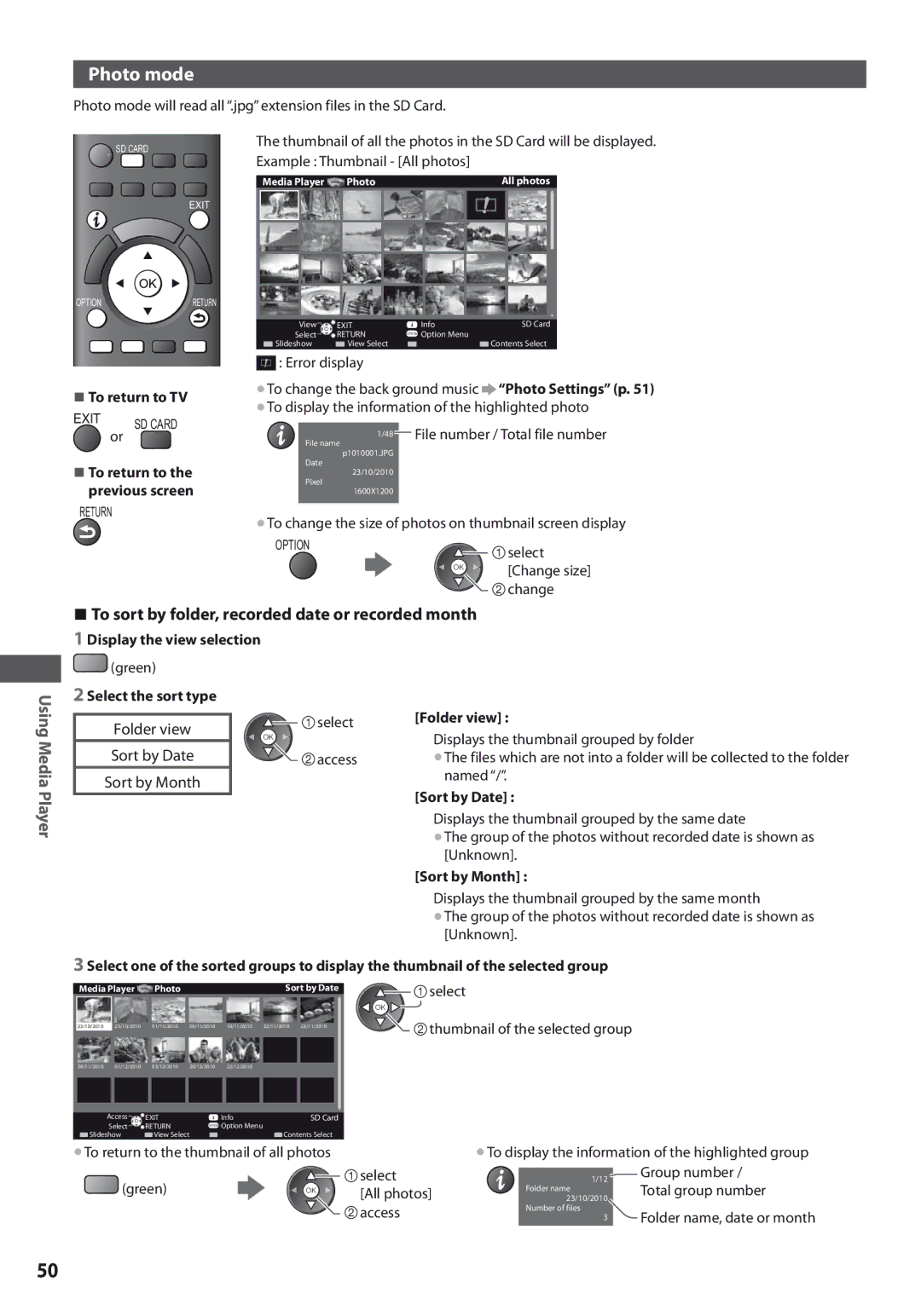 Panasonic TX-L37U3E, TX-L42U3E Photo mode, To sort by folder, recorded date or recorded month, Using Media Player 