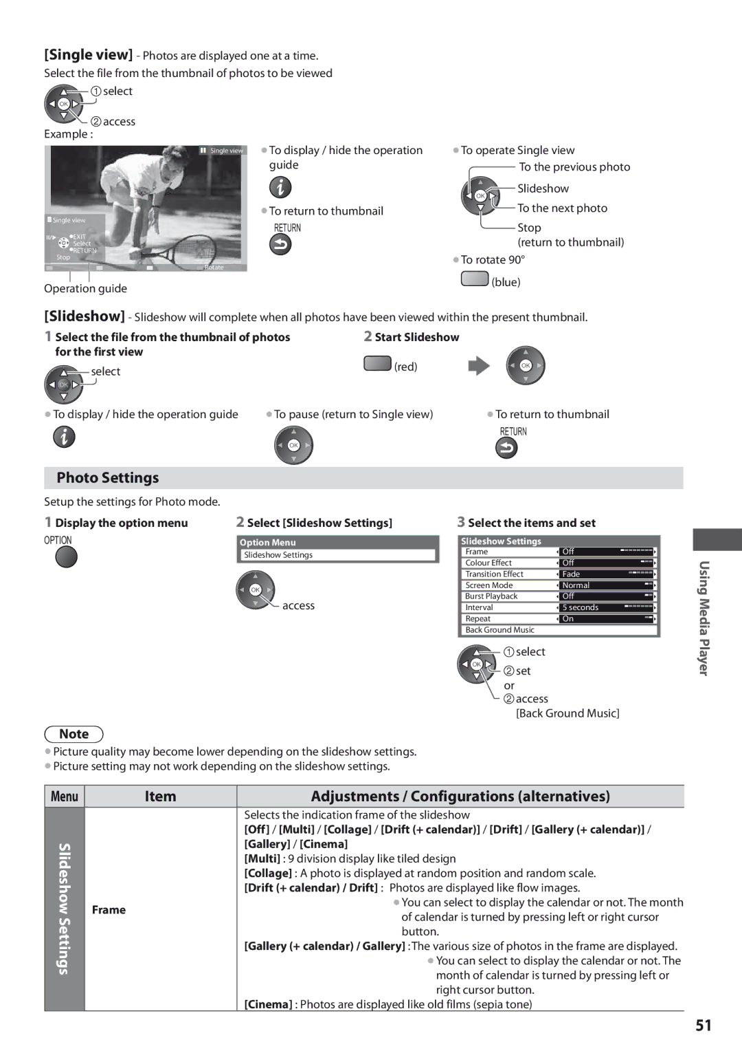 Panasonic TX-L42U3E, TX-L32U3E, TX-L37U3E operating instructions Photo Settings, Adjustments / Configurations alternatives 