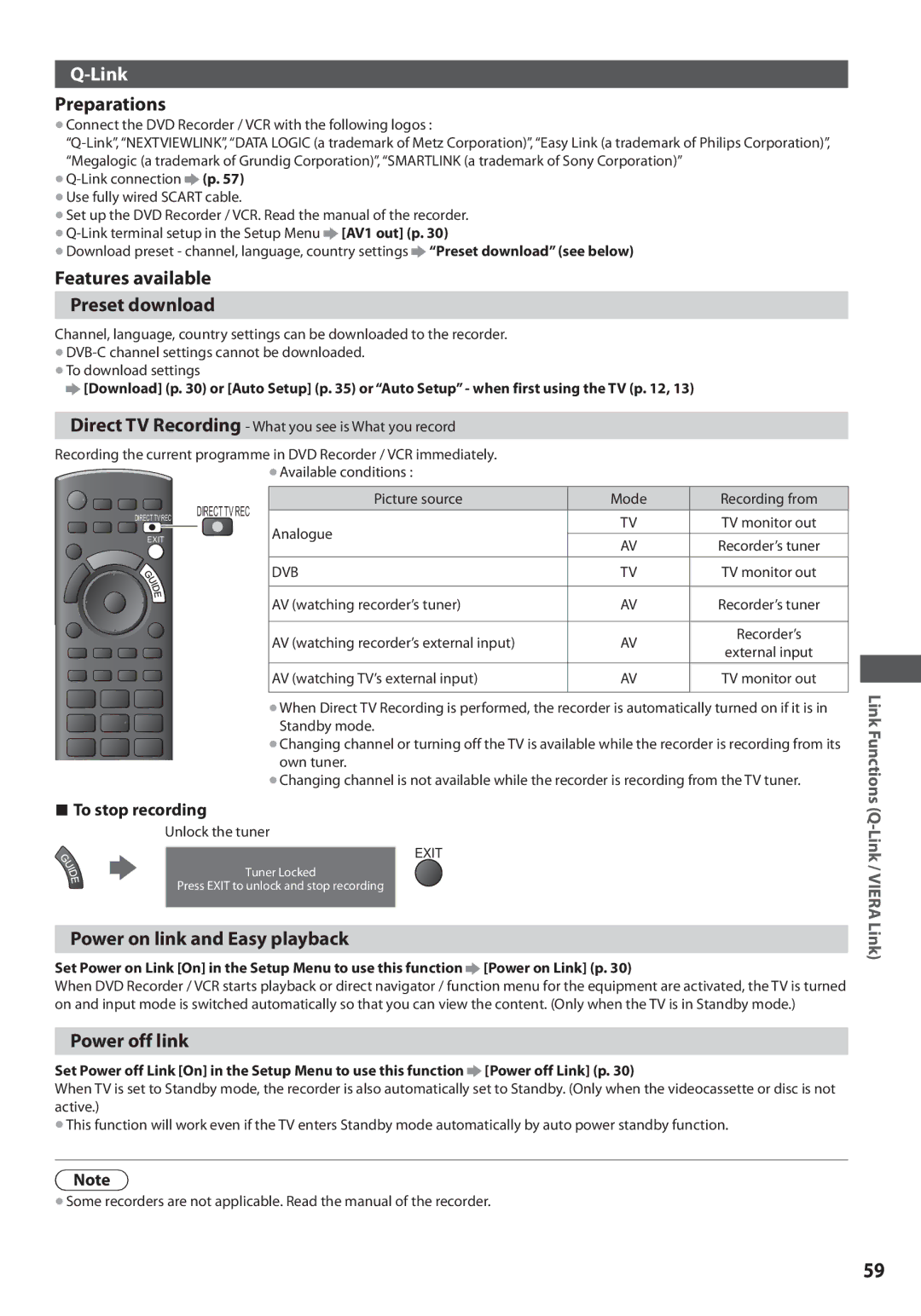 Panasonic TX-L37U3E, TX-L42U3E Link, Preparations, Features available Preset download, Power on link and Easy playback 