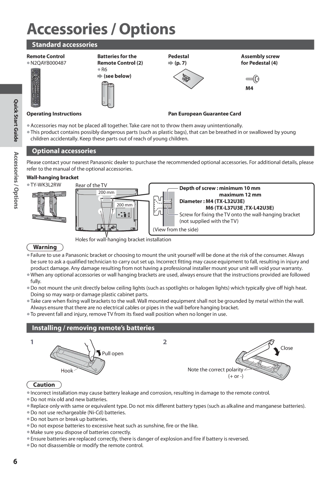 Panasonic TX-L42U3E, TX-L32U3E, TX-L37U3E Accessories / Options, Standard accessories, Optional accessories 