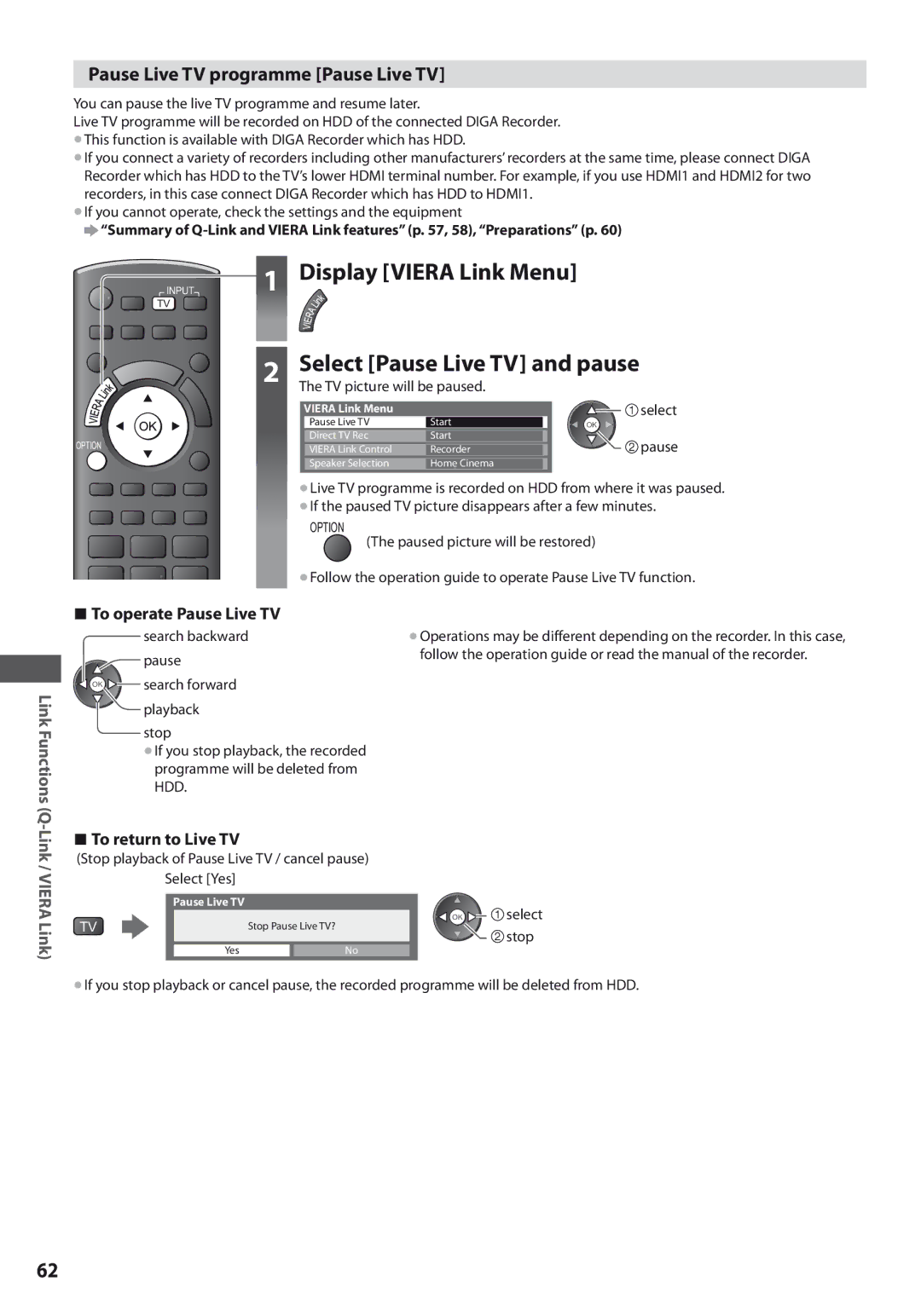 Panasonic TX-L37U3E Pause Live TV programme Pause Live TV, Select Pause Live TV and pause, To operate Pause Live TV 