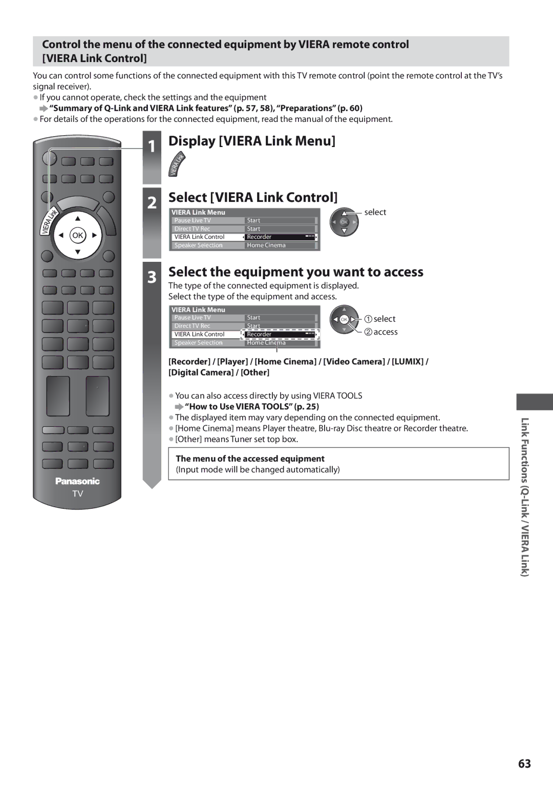 Panasonic TX-L42U3E, TX-L32U3E Display Viera Link Menu Select Viera Link Control, Select the equipment you want to access 