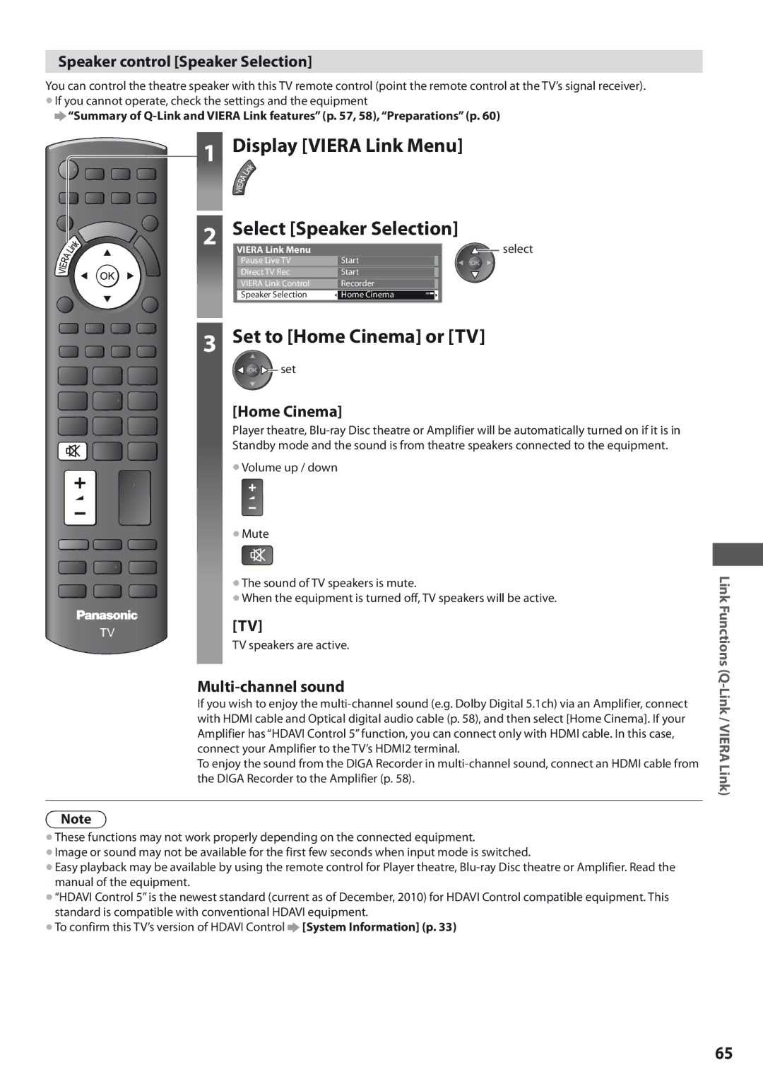 Panasonic TX-L37U3E, TX-L42U3E Select Speaker Selection, Set to Home Cinema or TV, Speaker control Speaker Selection 