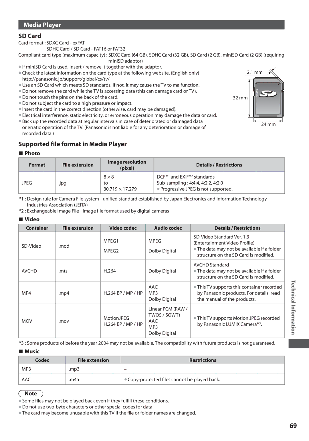 Panasonic TX-L42U3E, TX-L32U3E SD Card, Supported file format in Media Player, Codec File extension Restrictions 