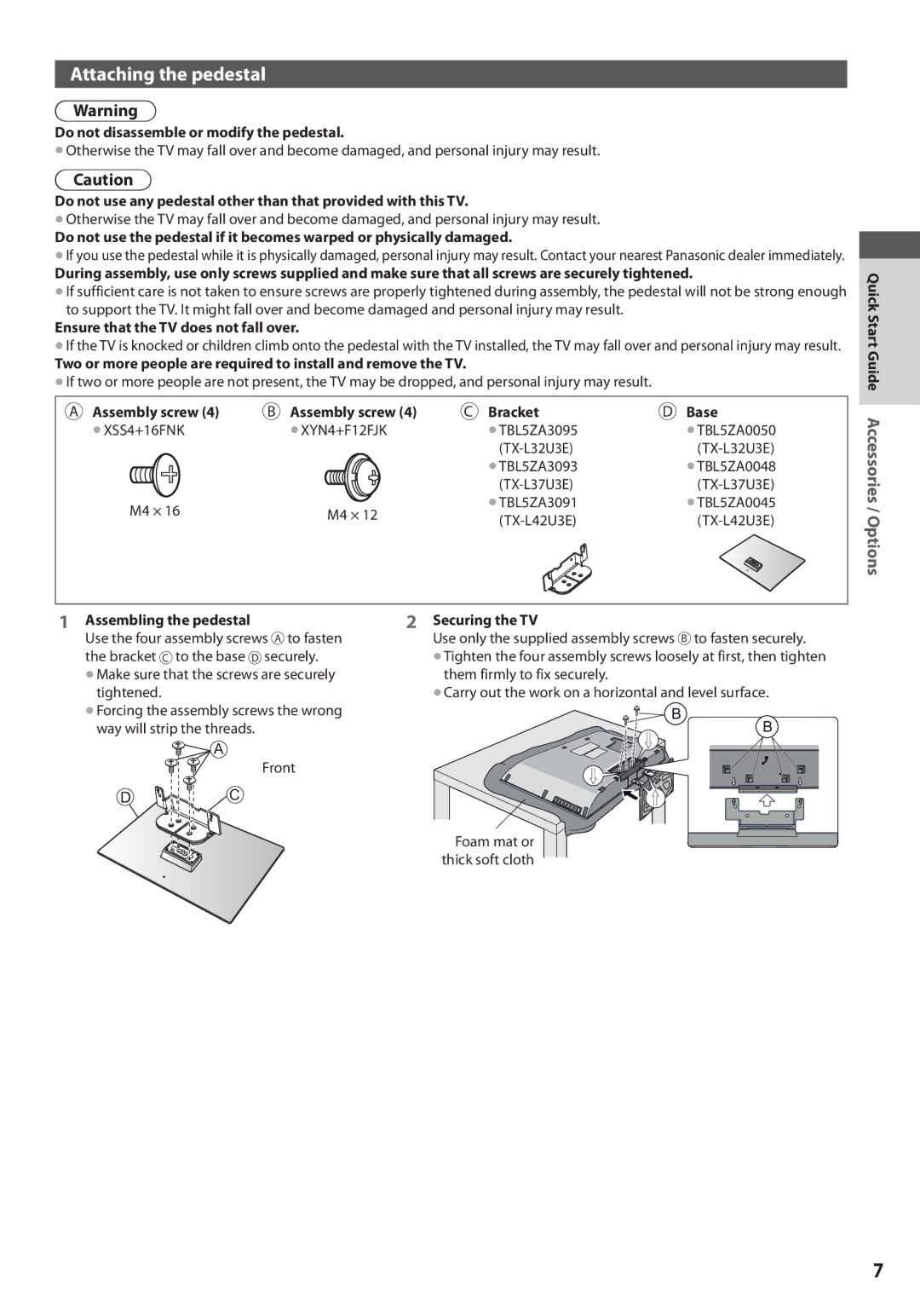 Panasonic TX-L32U3E, TX-L42U3E, TX-L37U3E operating instructions Attaching the pedestal 