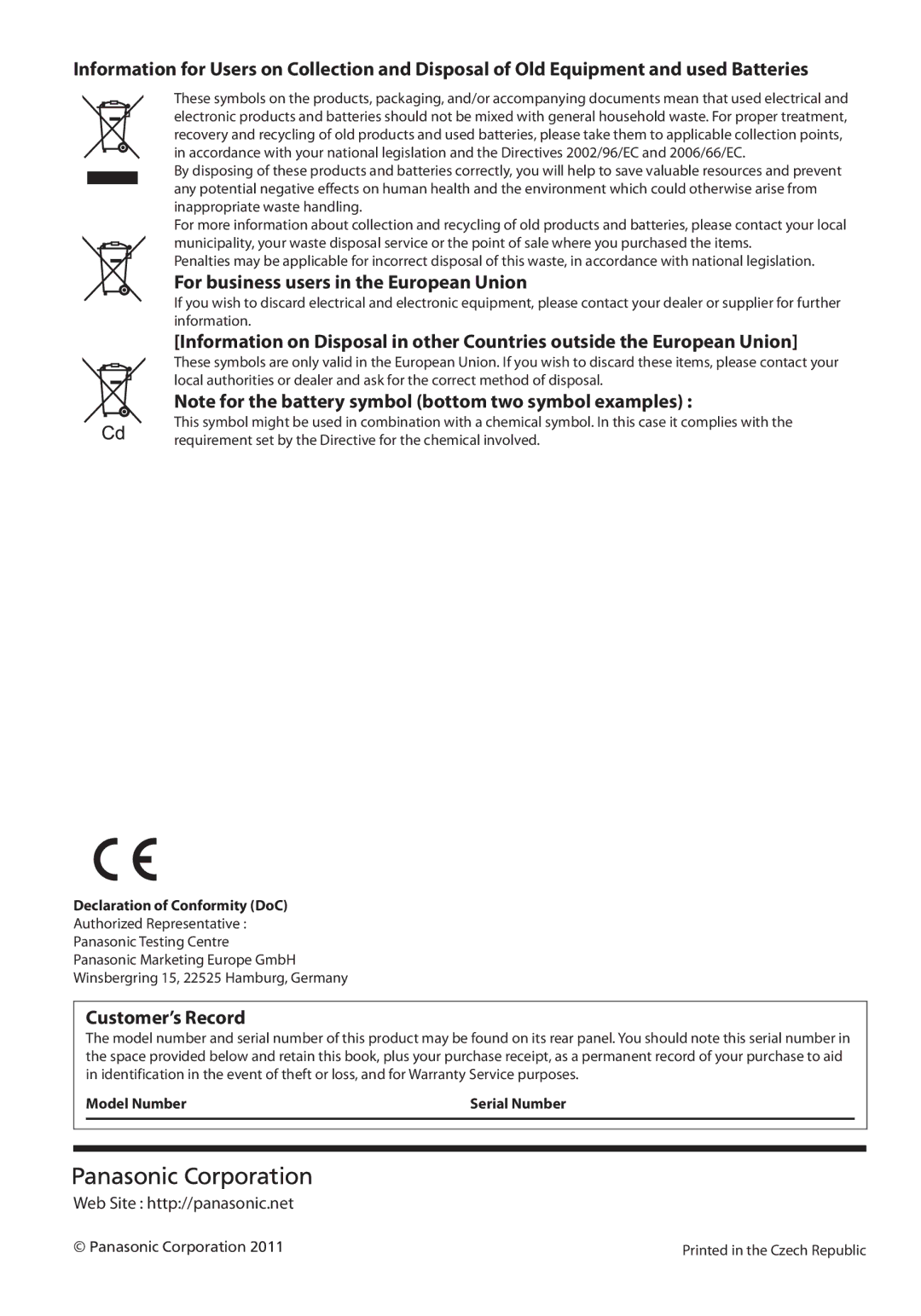 Panasonic TX-L32U3E, TX-L42U3E For business users in the European Union, Customer’s Record, Declaration of Conformity DoC 