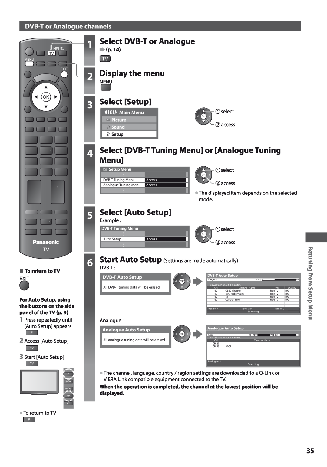 Panasonic TX-L37U3E Select Auto Setup, Start Auto Setup, Select DVB-T Tuning Menu or Analogue Tuning, Display the menu 