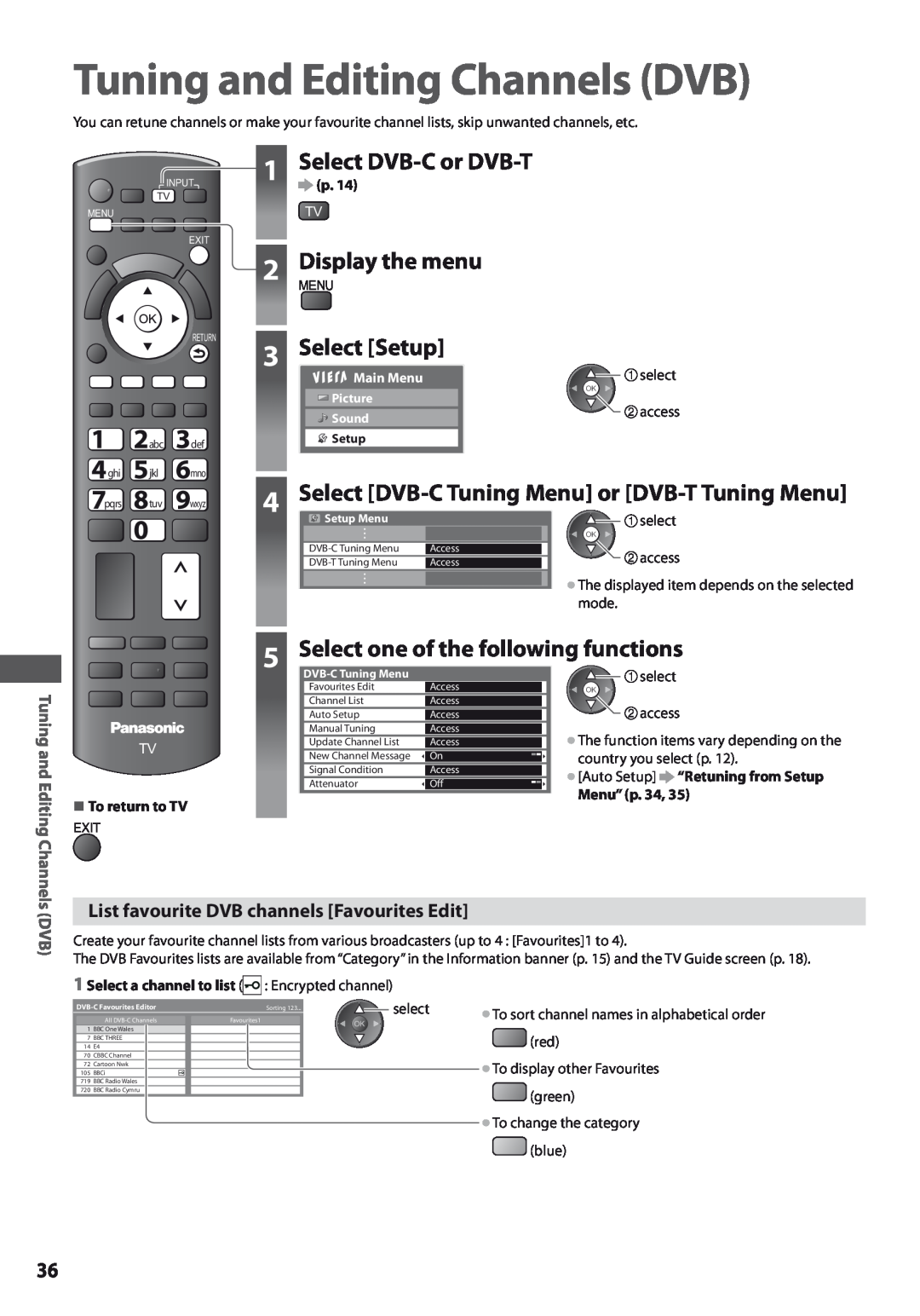Panasonic TX-L42U3E Tuning and Editing Channels DVB, Select DVB-C or DVB-T, Select DVB-C Tuning Menu or DVB-T Tuning Menu 