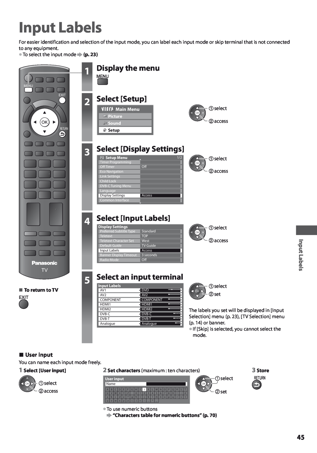 Panasonic TX-L42U3E Select Setup, Select Display Settings, Select Input Labels, Select an input terminal, User input 