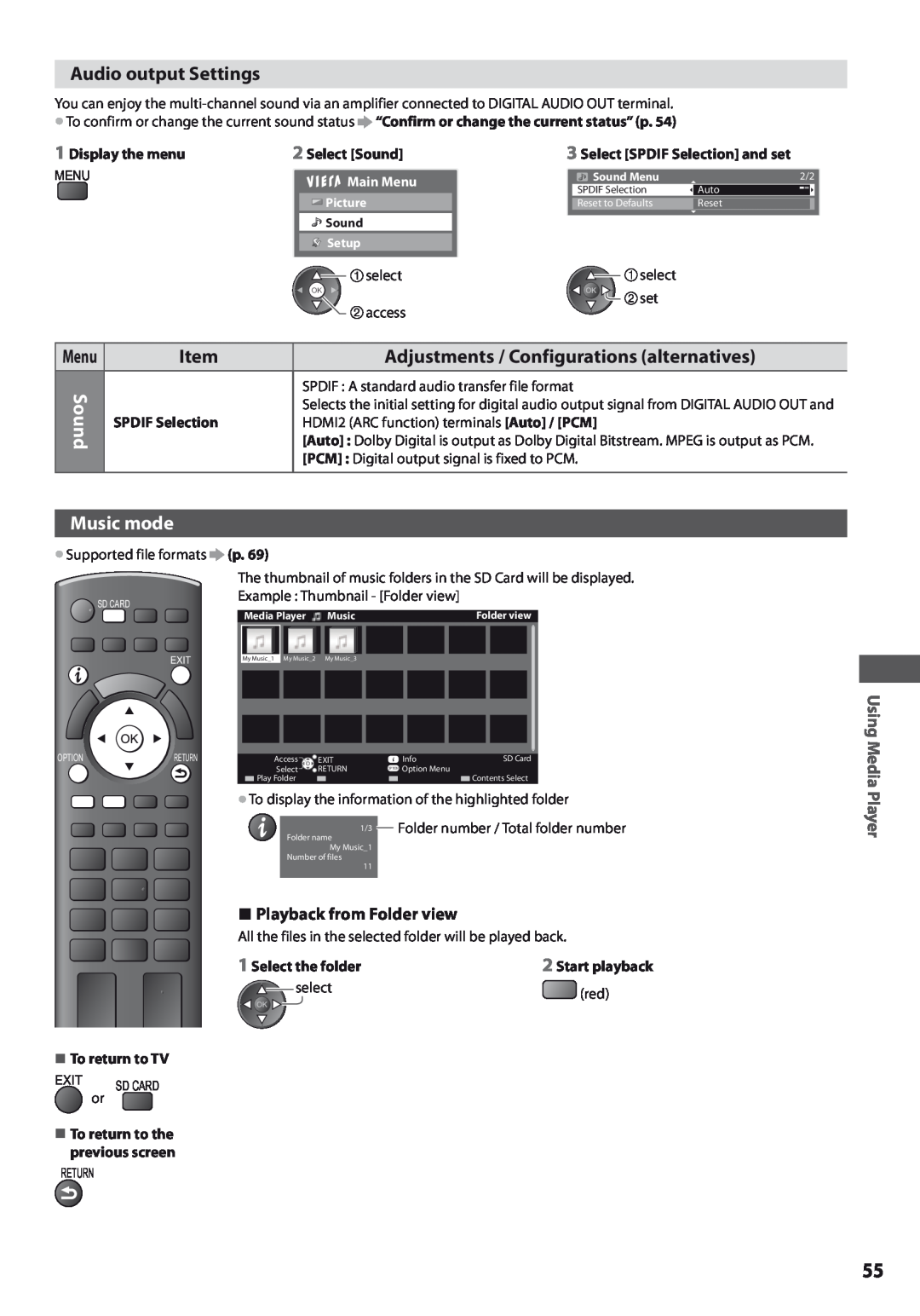 Panasonic TX-L32U3E Audio output Settings, Music mode, Playback from Folder view, Using Media Player, Select Sound 